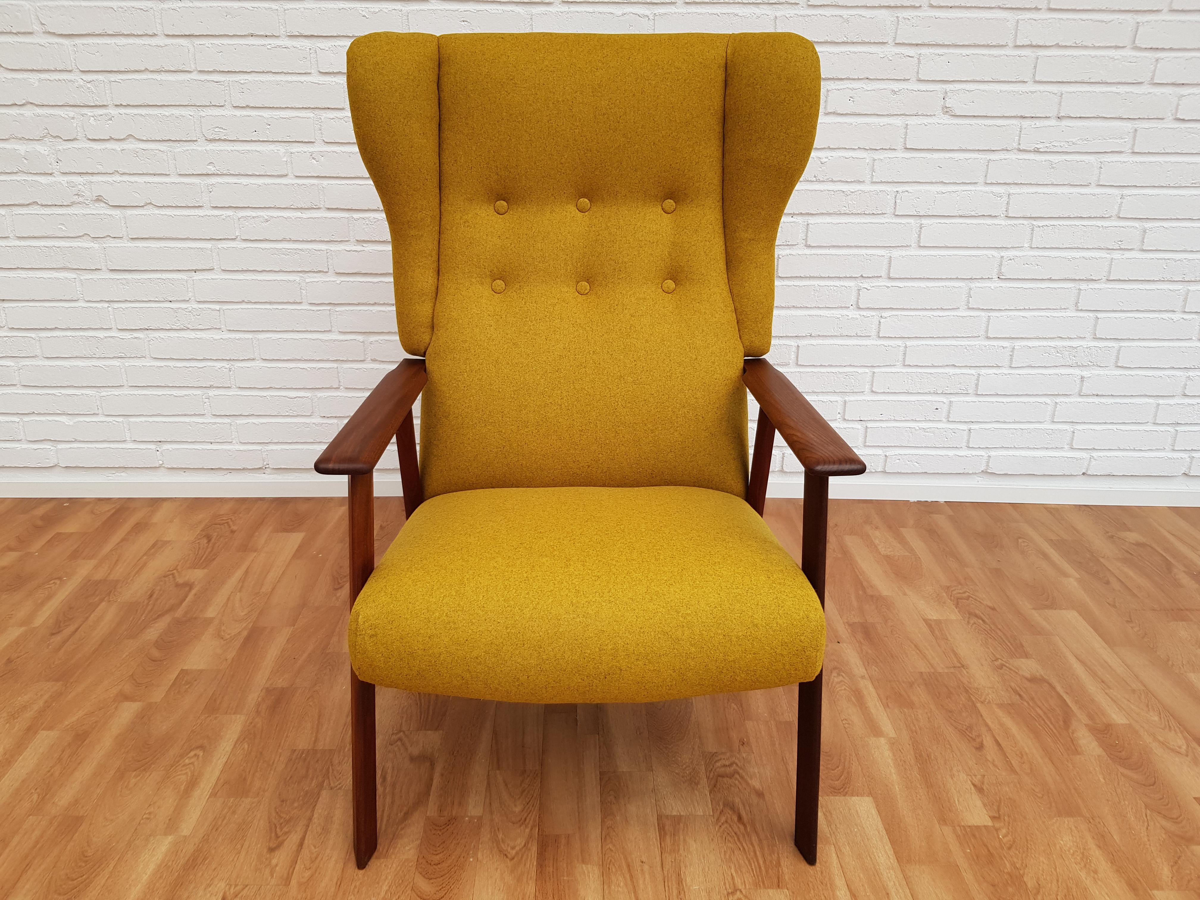 Danish High-Back Armchair with Footstool, Wool Fabric, Teakwood, 1970s, Restored 5