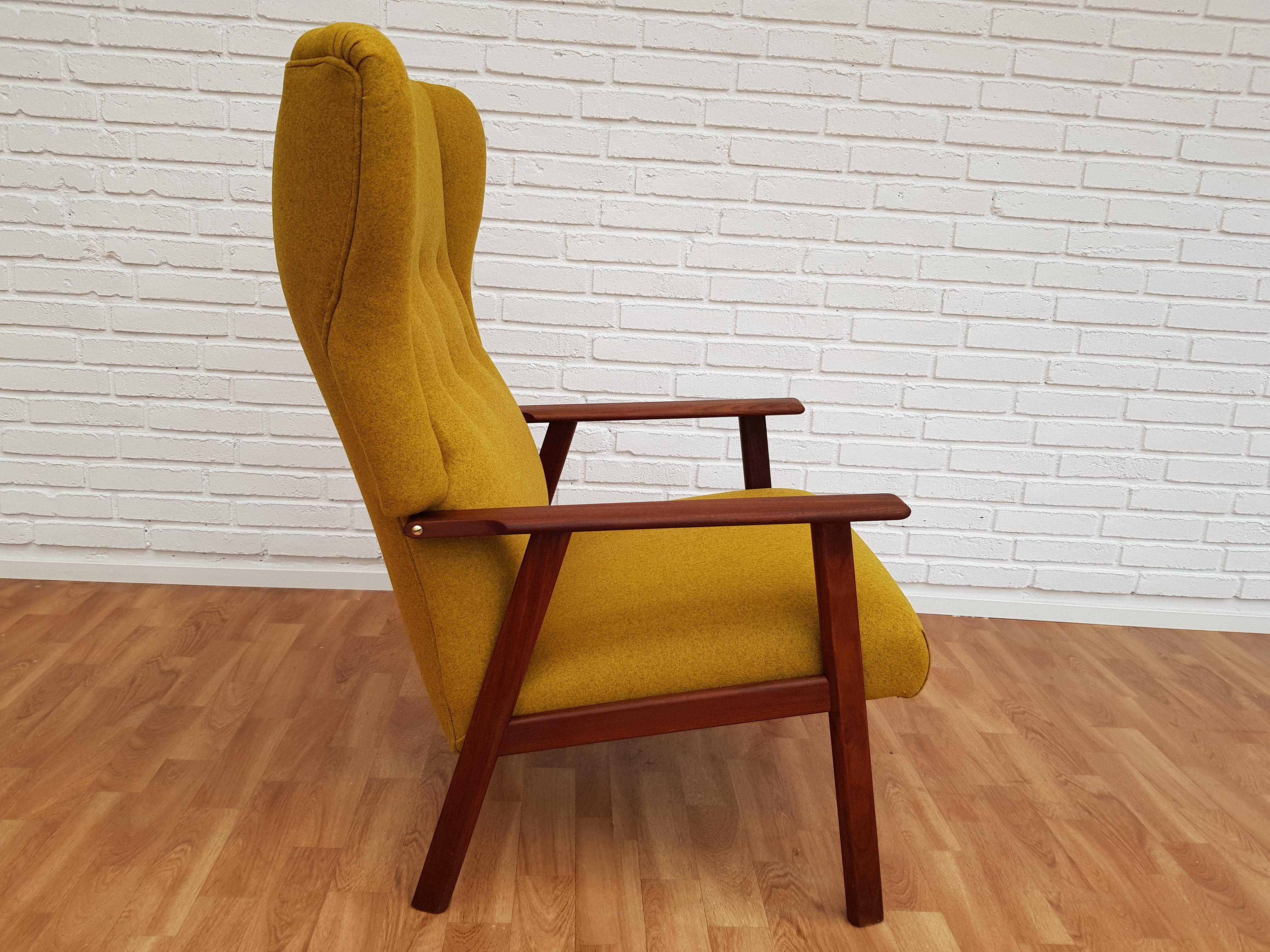 Scandinavian Modern Danish High-Back Armchair with Footstool, Wool Fabric, Teakwood, 1970s, Restored