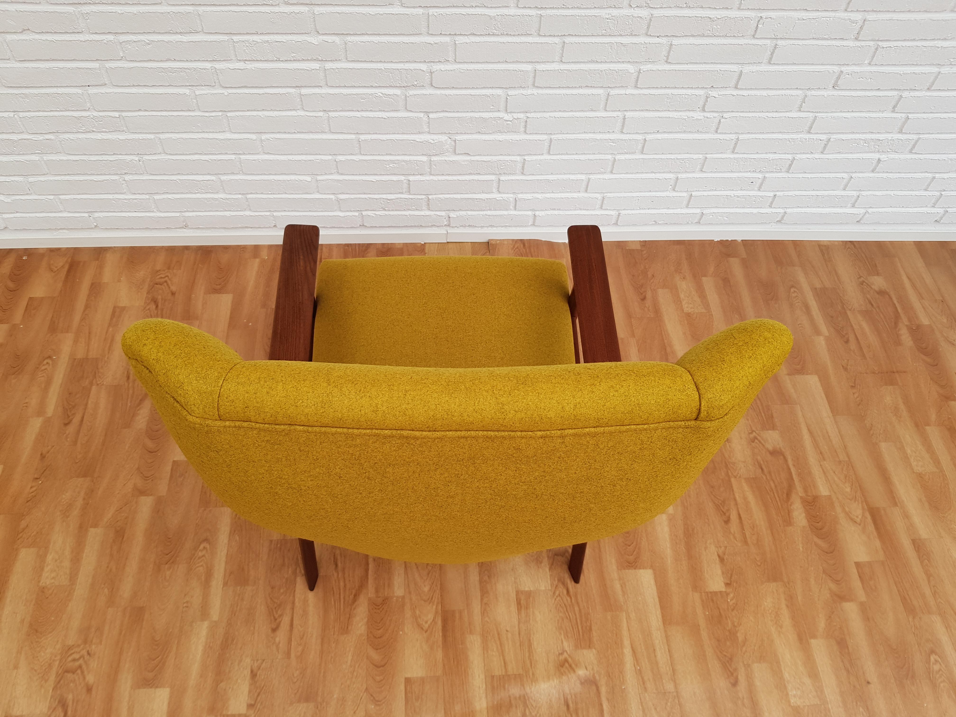 Danish High-Back Armchair with Footstool, Wool Fabric, Teakwood, 1970s, Restored 1