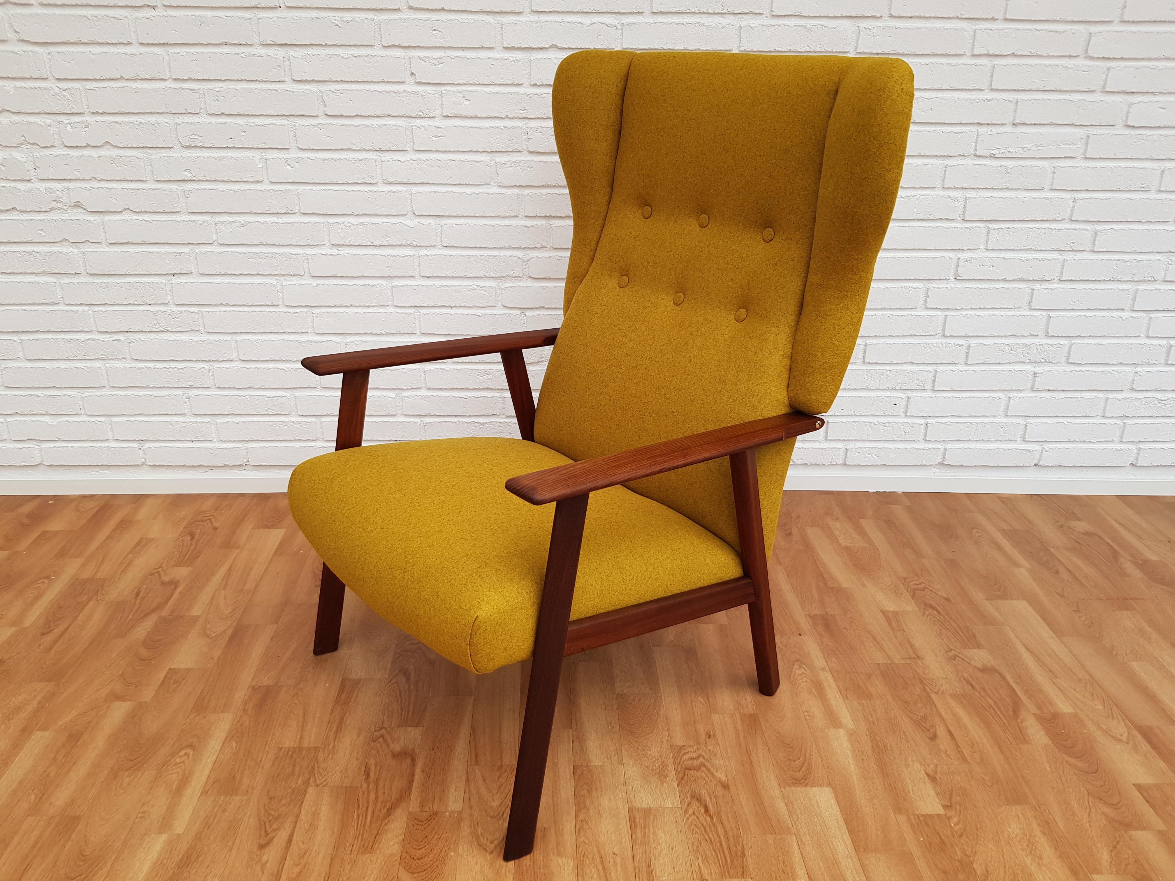 Danish High-Back Armchair with Footstool, Wool Fabric, Teakwood, 1970s, Restored 2