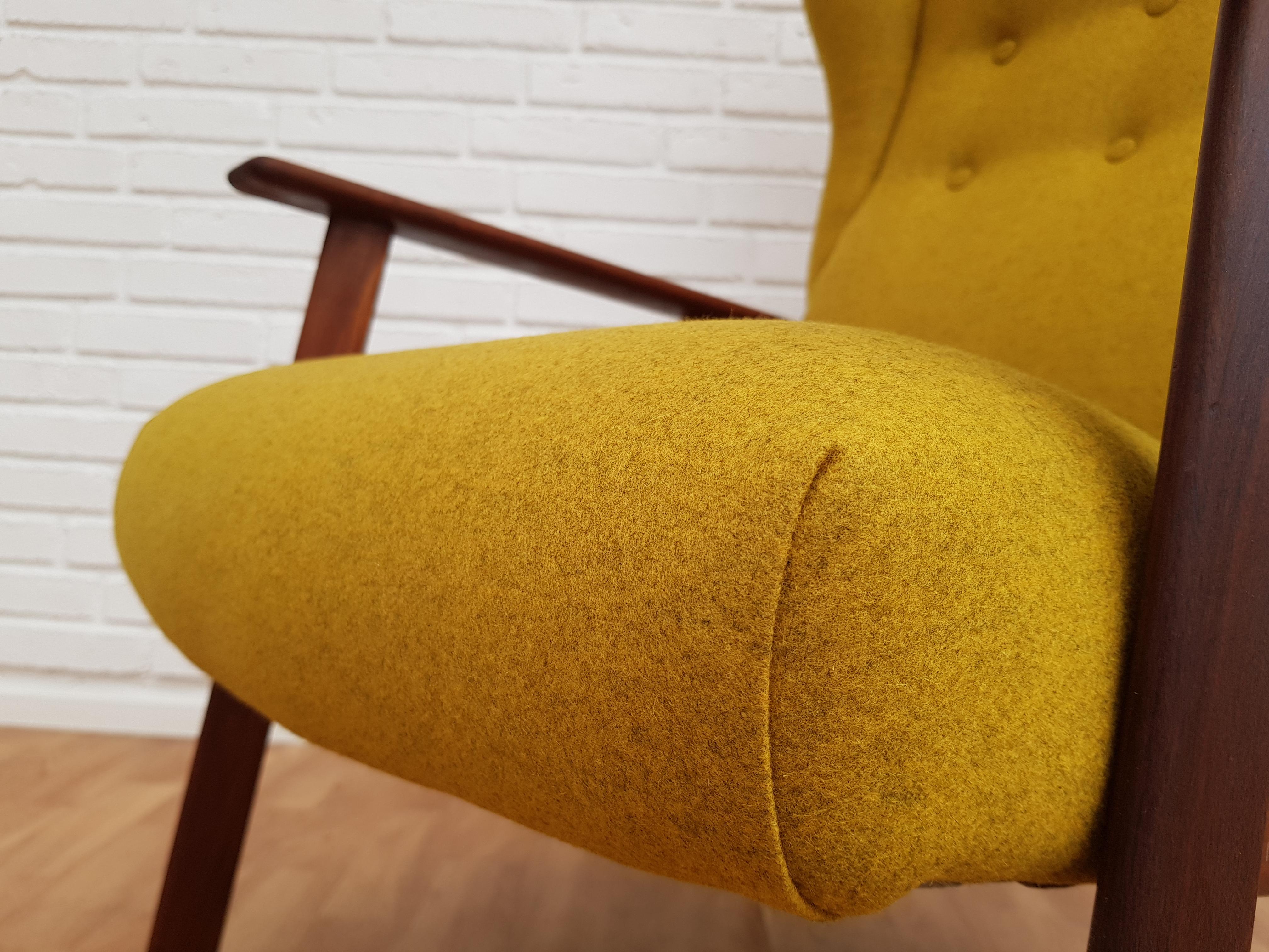 Danish High-Back Armchair with Footstool, Wool Fabric, Teakwood, 1970s, Restored 3