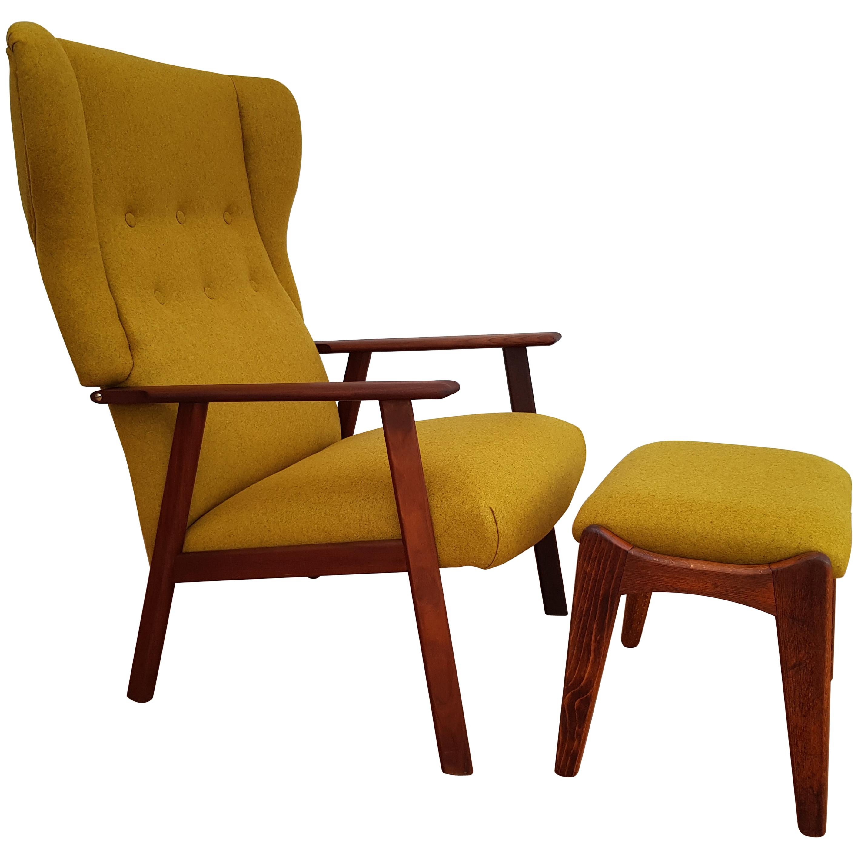 Danish High-Back Armchair with Footstool, Wool Fabric, Teakwood, 1970s, Restored