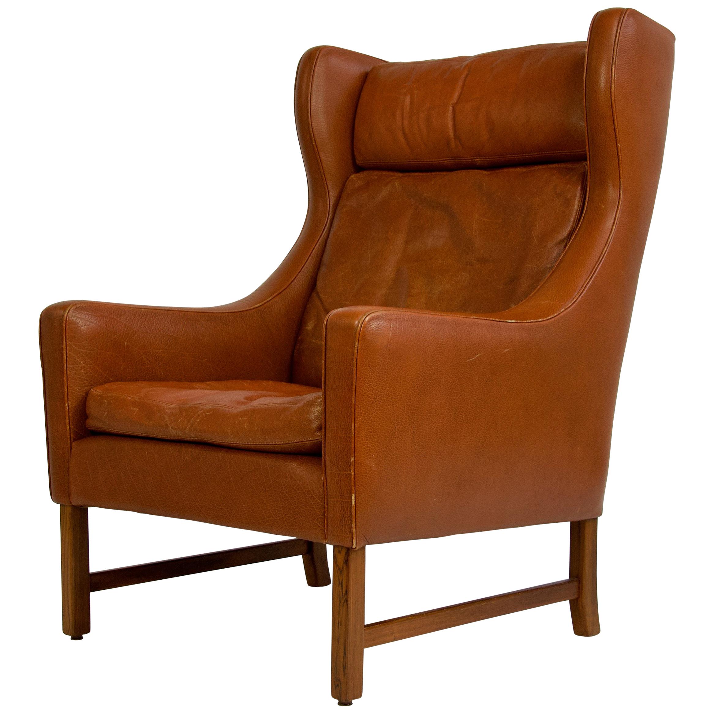 Danish High Back Leather Chair with Rosewood Base For Sale