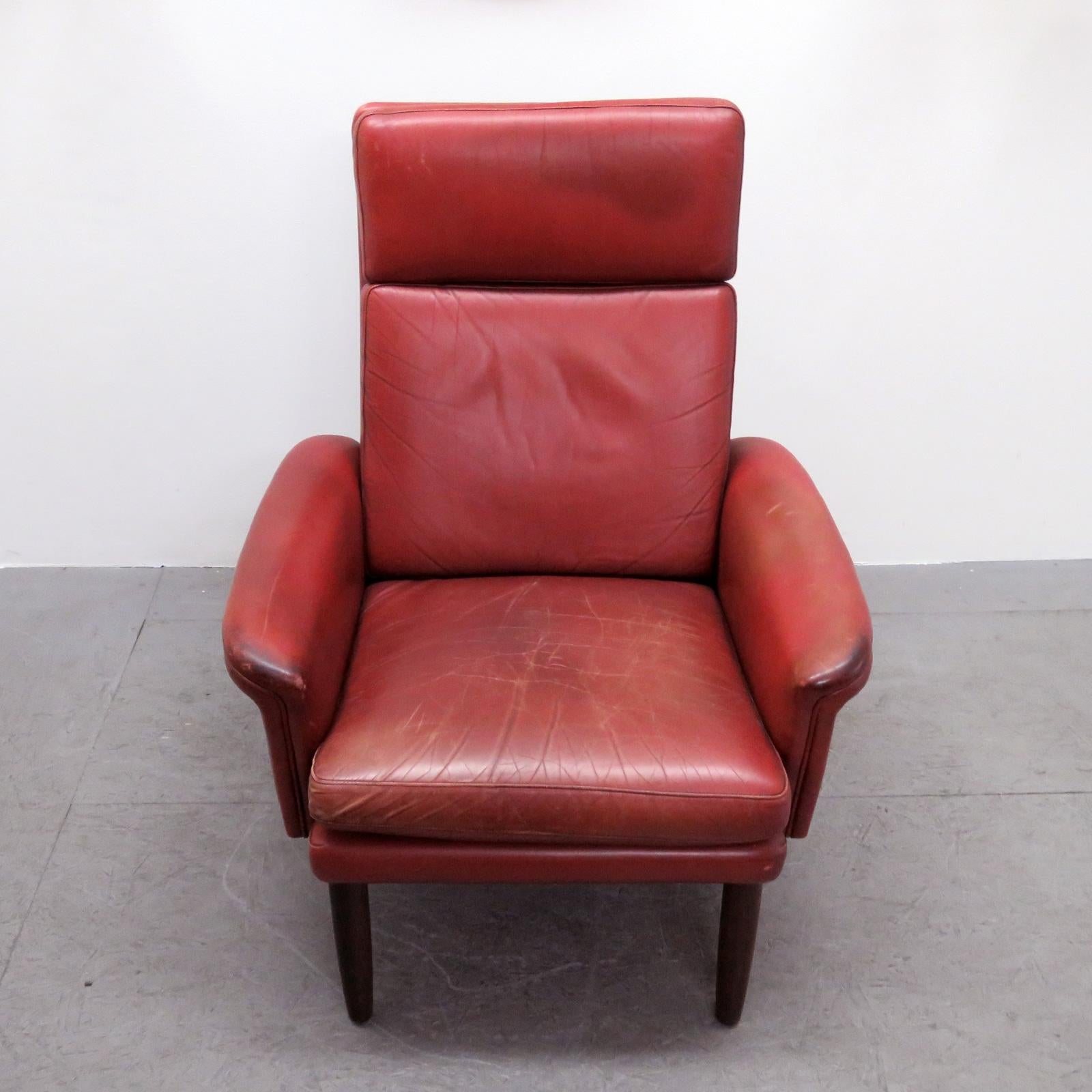 Danish High Back Leather Lounge Chair, 1960 For Sale 1