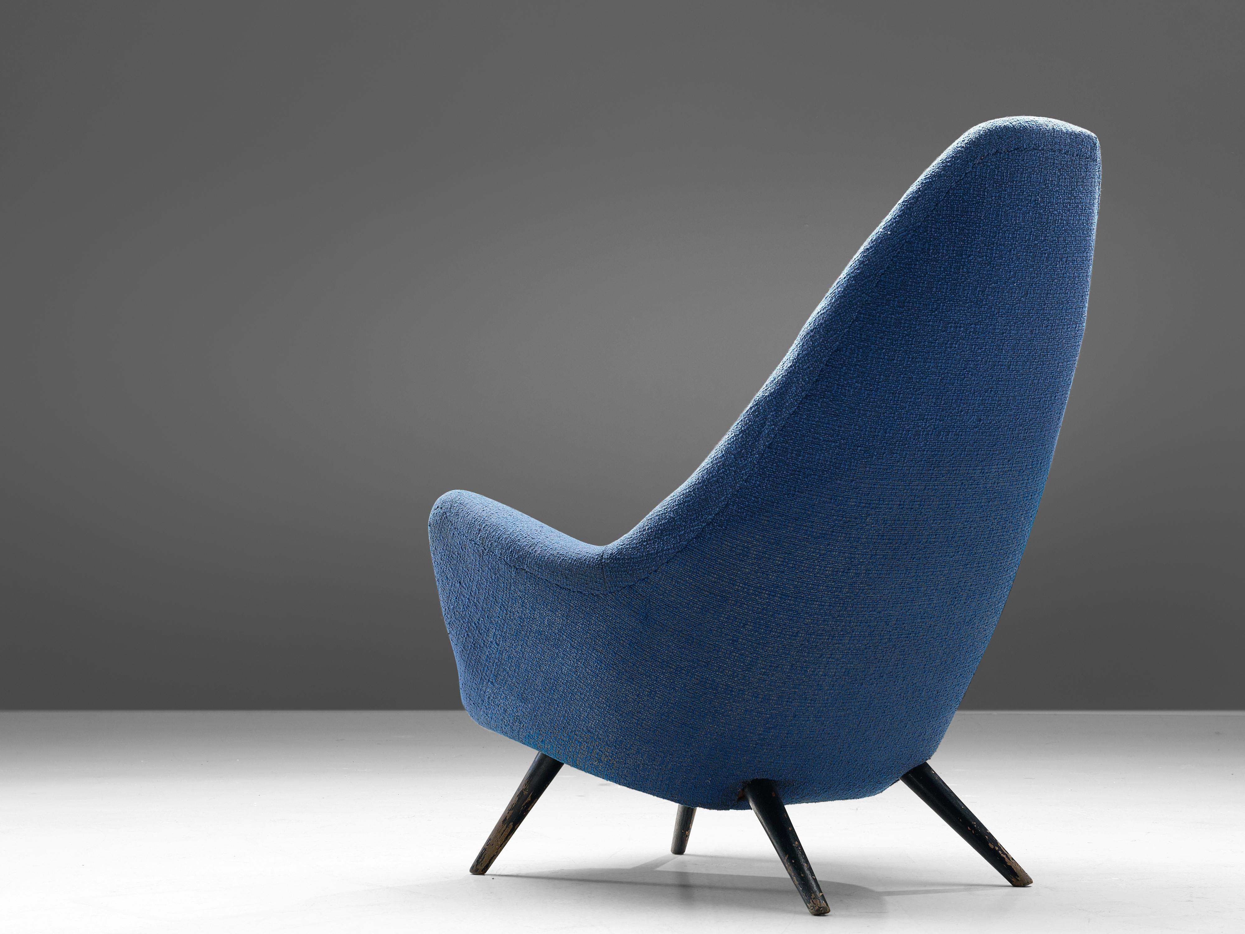 Scandinavian Modern Danish Highback Lounge Chair in Organic Shape and Blue Upholstery