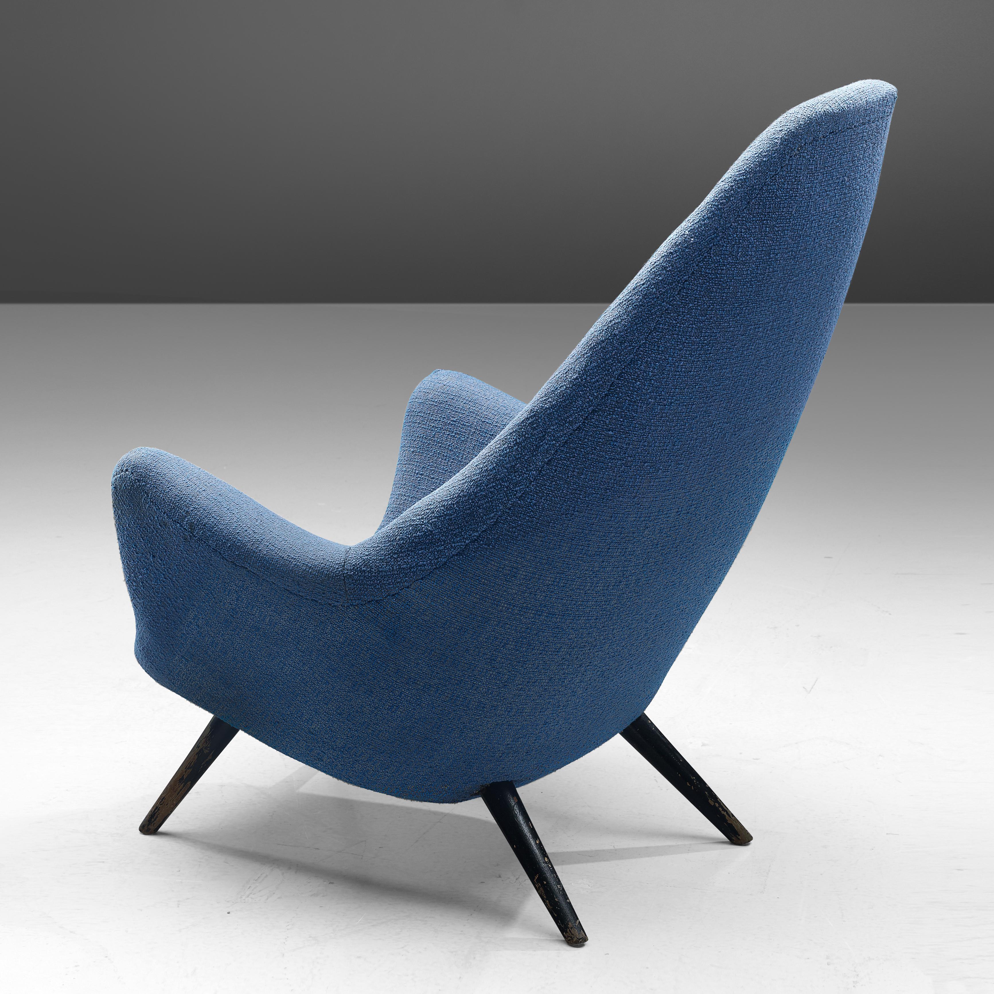 Fabric Danish Highback Lounge Chair in Organic Shape and Blue Upholstery