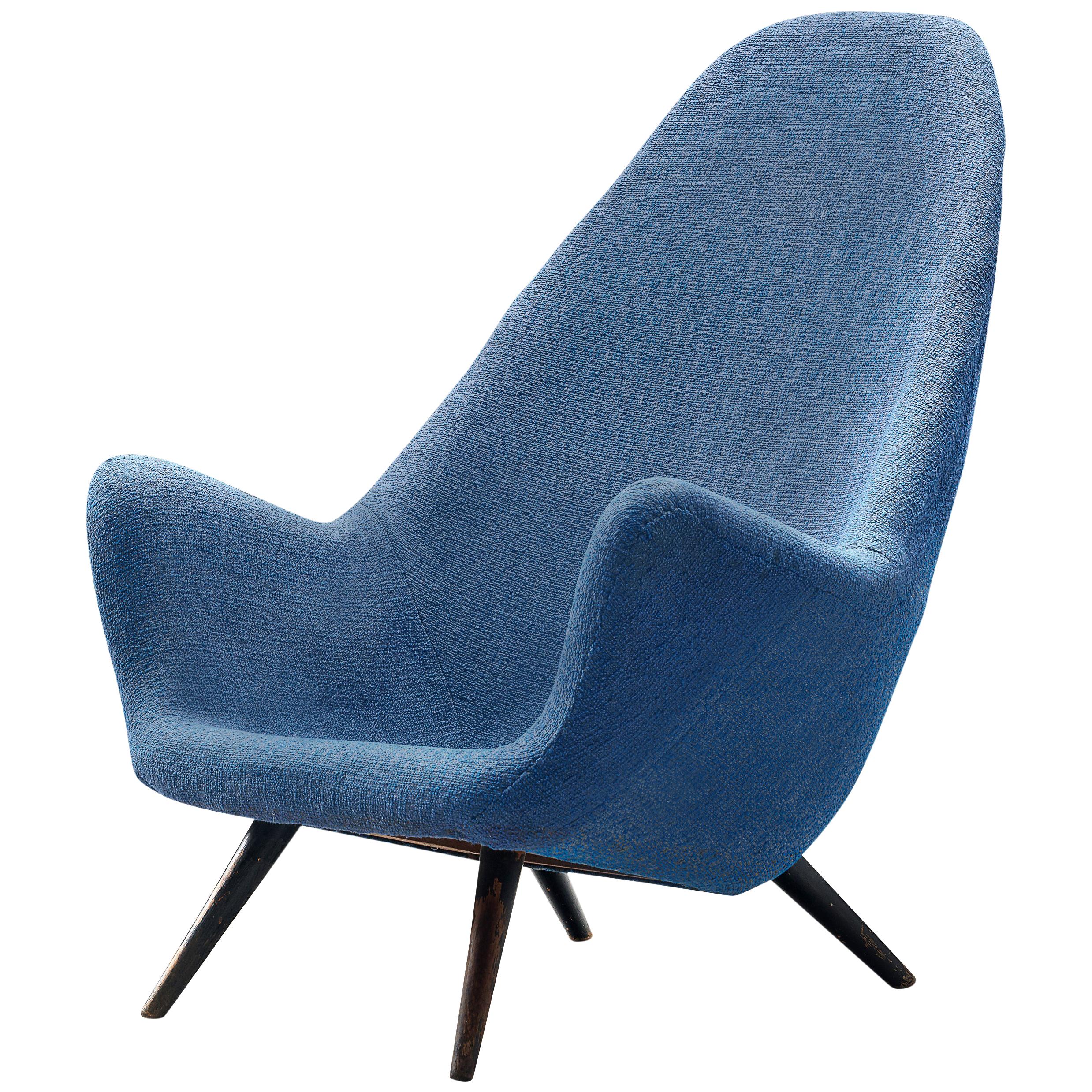 Danish Highback Lounge Chair in Organic Shape and Blue Upholstery