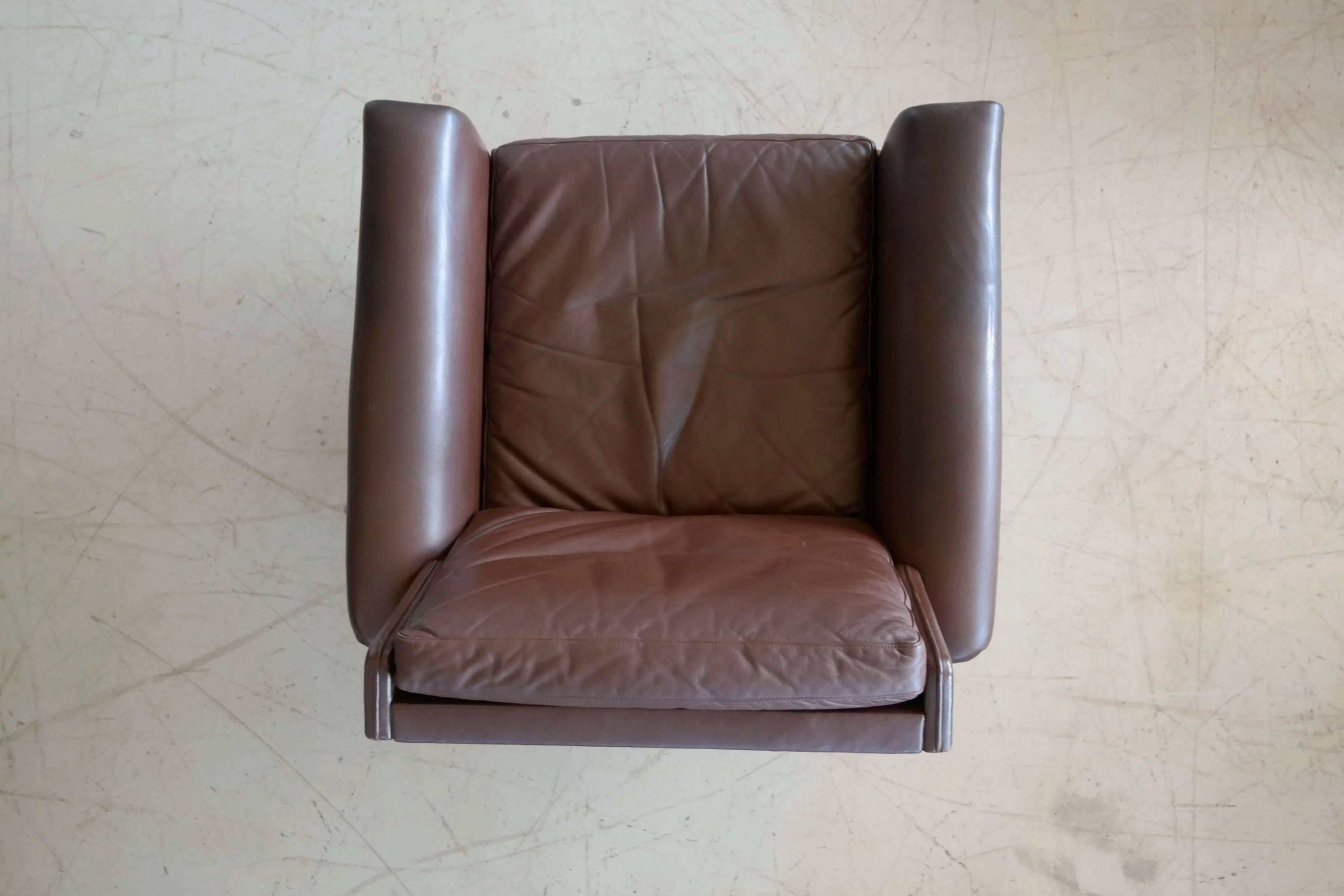 Stainless Steel Danish High Back Swivel Lounge Chair in Chocolate Leather by Georg Thams