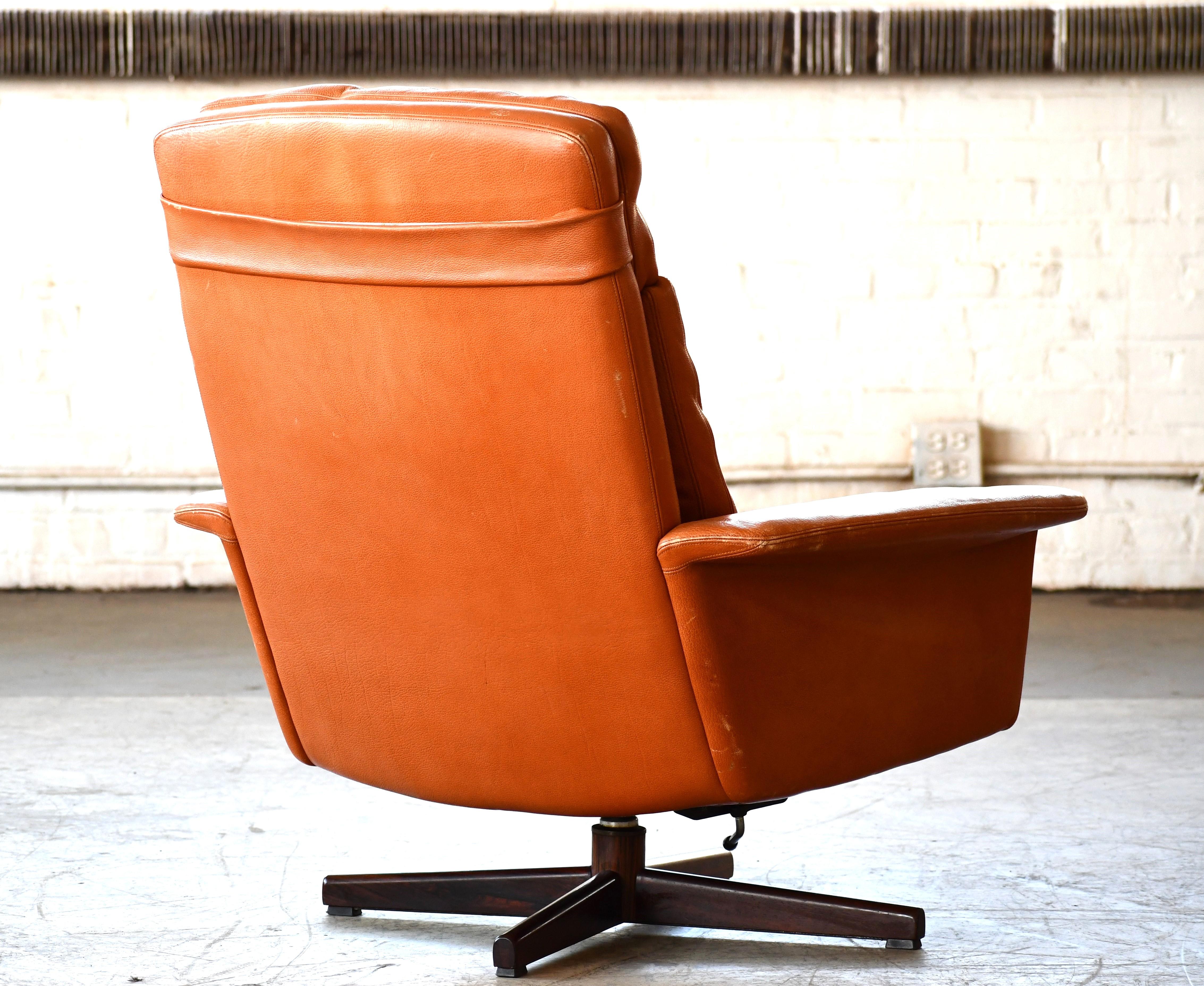 Danish High Back Swivel Lounge Chair with Ottoman in Cognac Leather, 1970's For Sale 2
