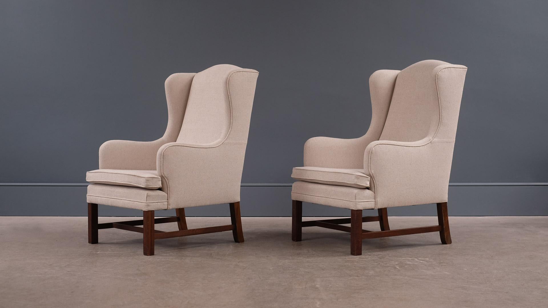 Scandinavian Modern Danish High Back Upholstered Cream Armchairs, 1960s In Good Condition In Epperstone, Nottinghamshire