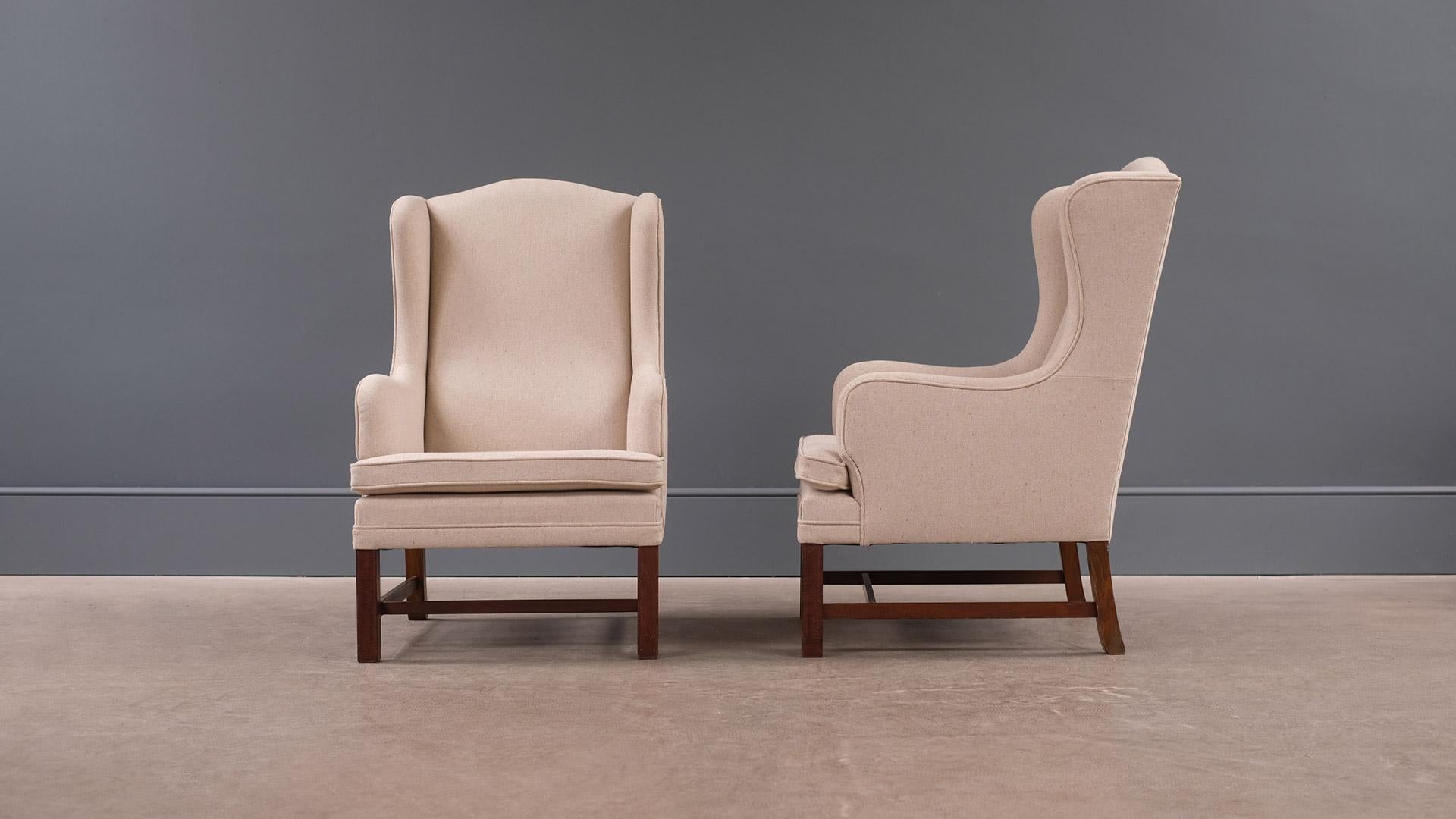 20th Century Scandinavian Modern Danish High Back Upholstered Cream Armchairs, 1960s