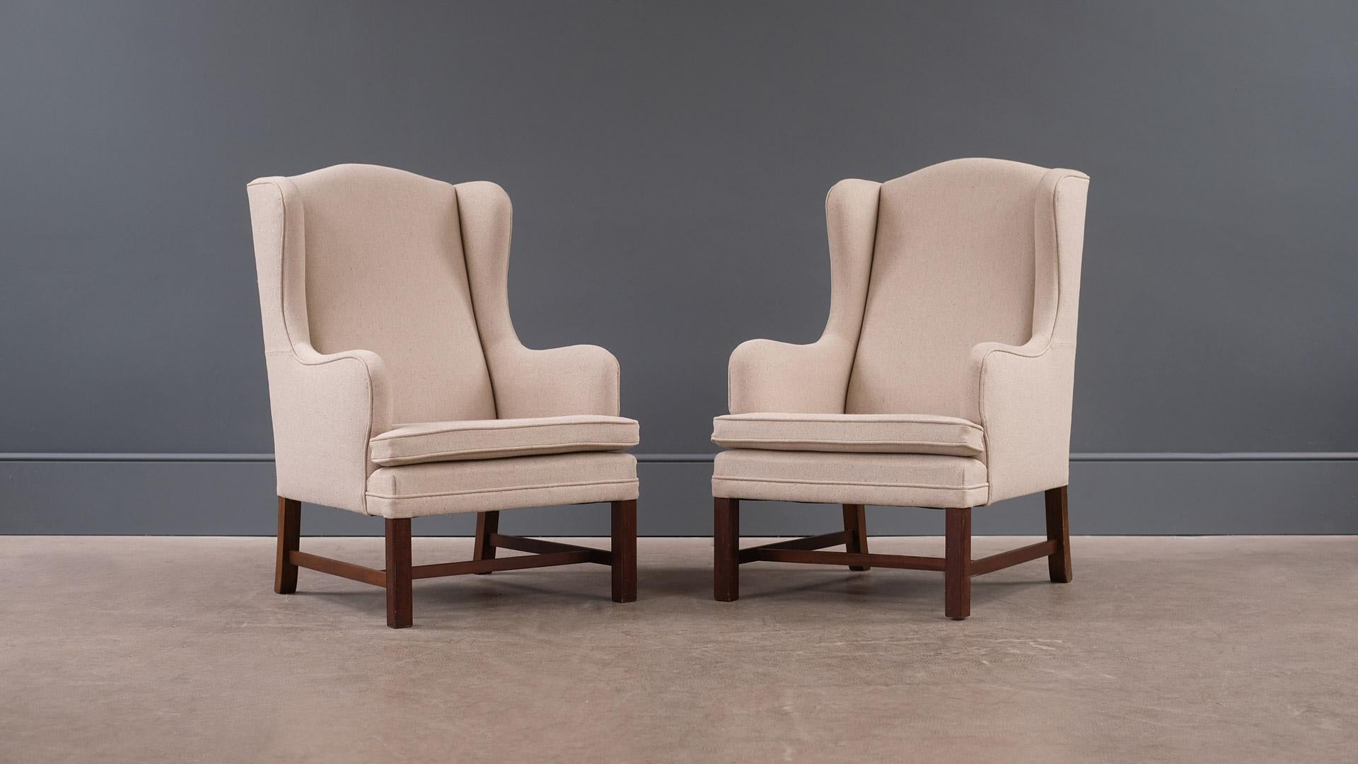 Fabric Scandinavian Modern Danish High Back Upholstered Cream Armchairs, 1960s