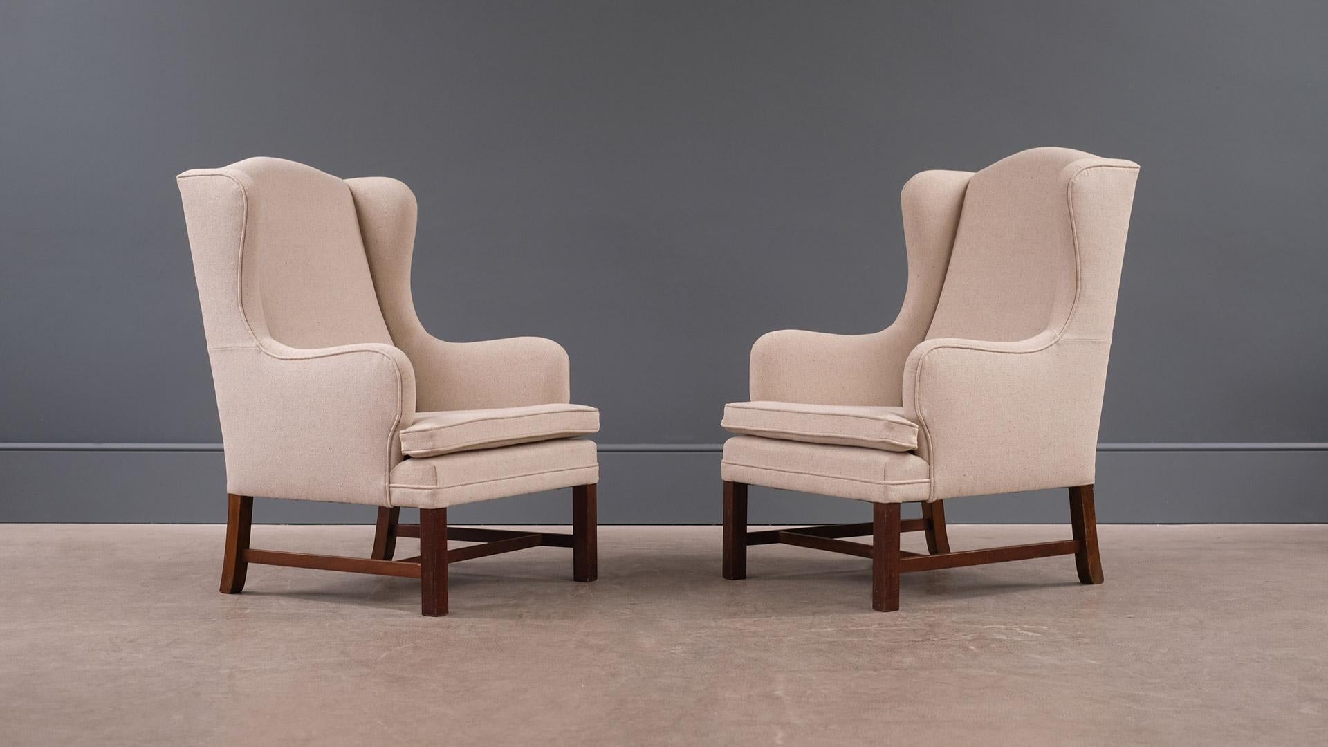 Scandinavian Modern Danish High Back Upholstered Cream Armchairs, 1960s 1