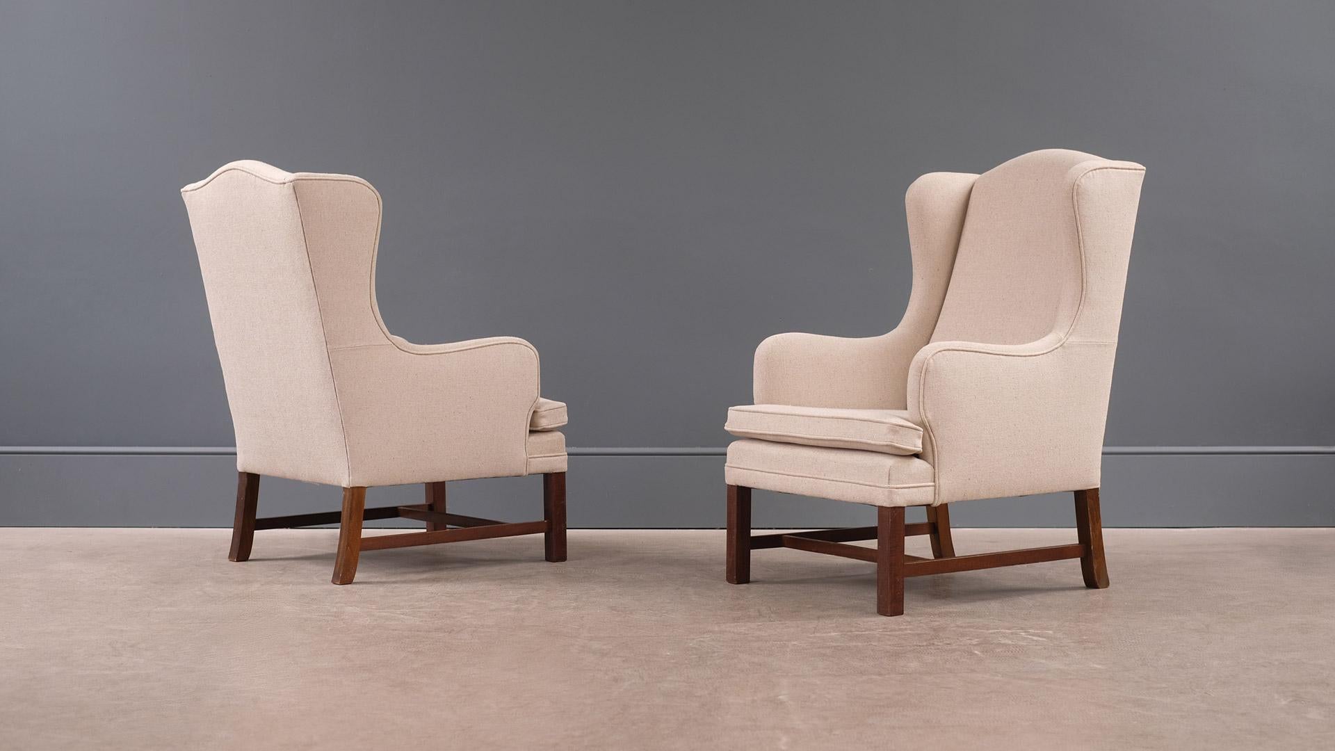 Scandinavian Modern Danish High Back Upholstered Cream Armchairs, 1960s 2