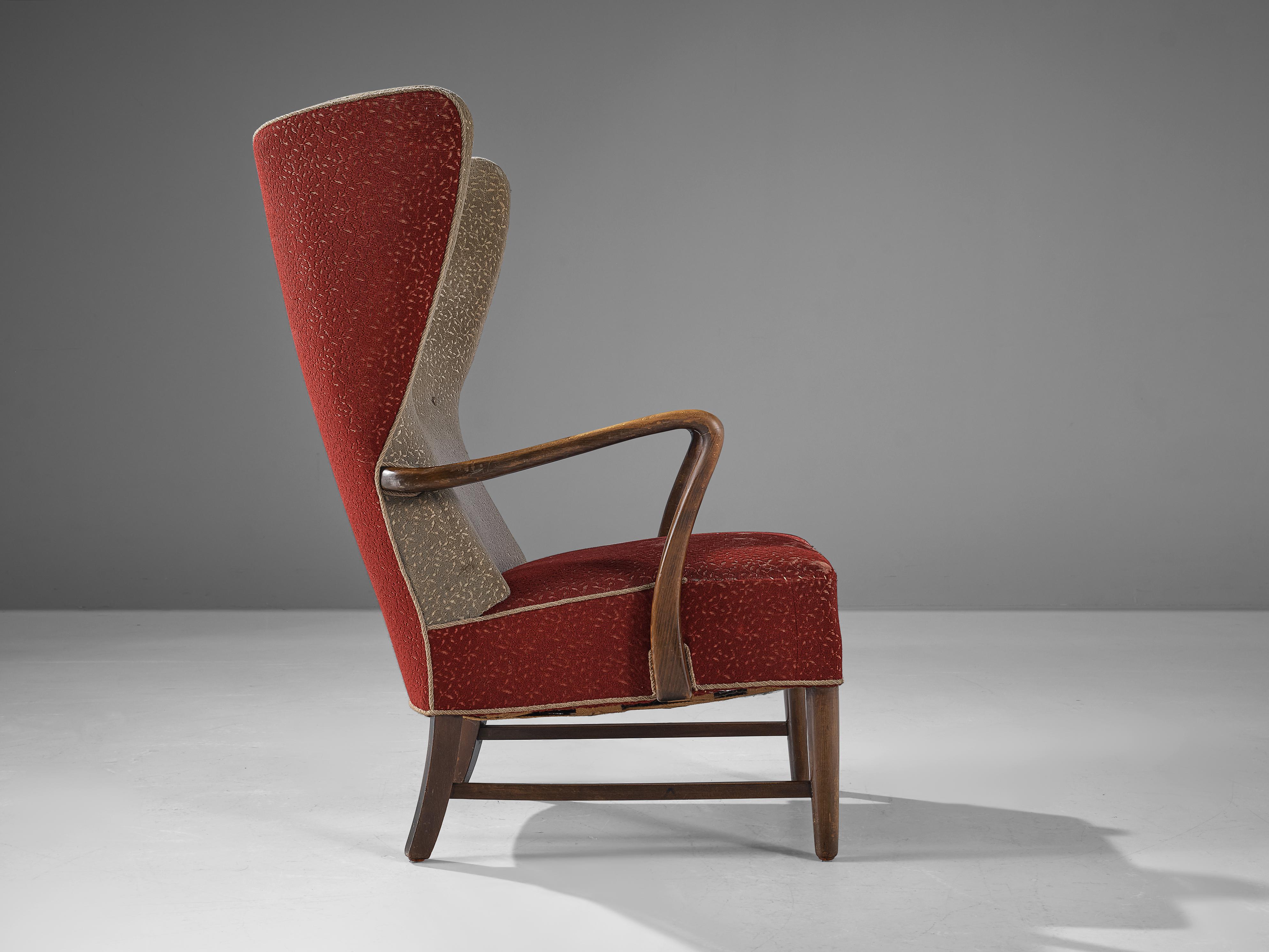 Fabric Danish High Wingback Lounge Chair in Red Upholstery For Sale