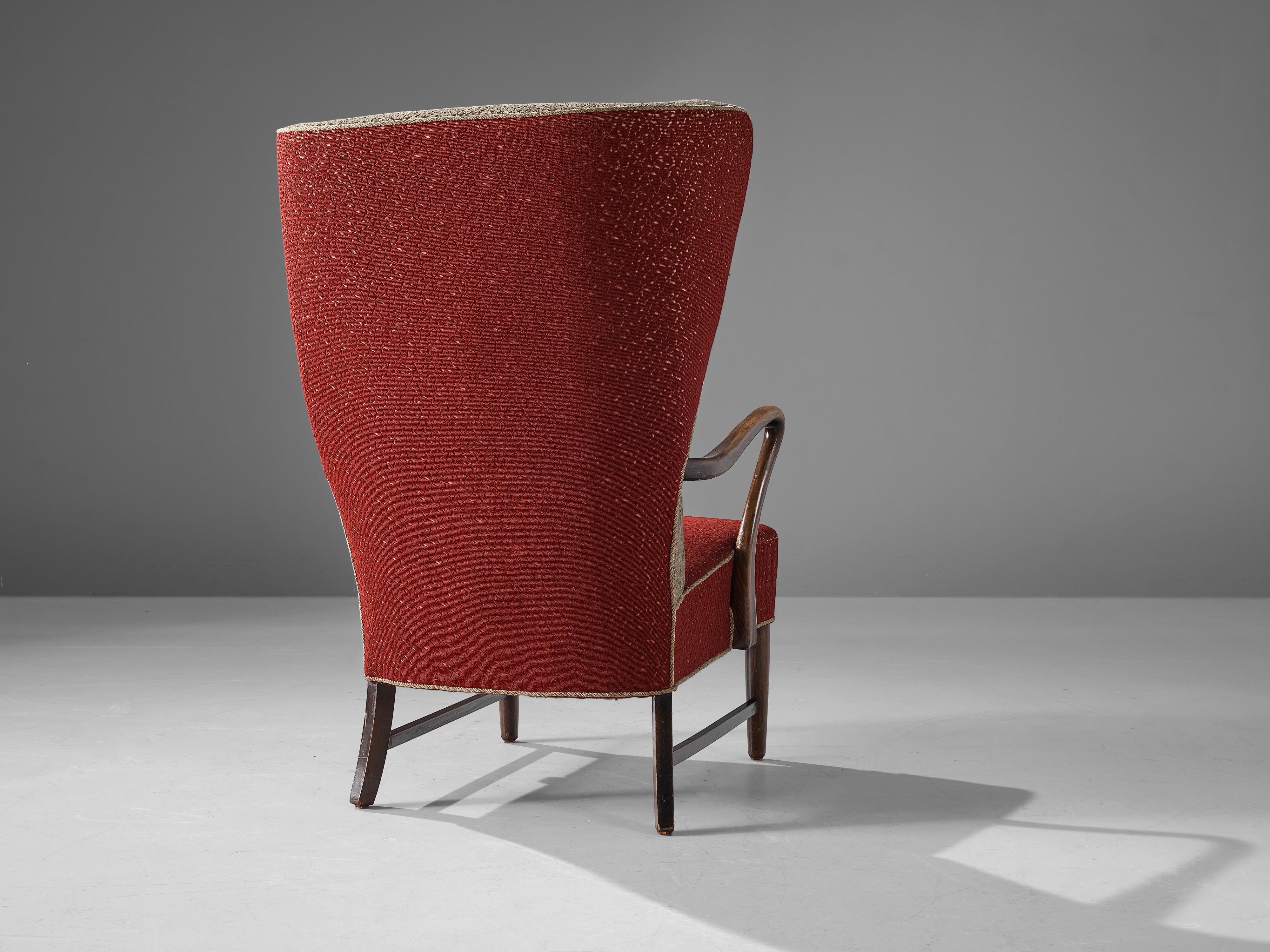 Danish High Wingback Lounge Chair in Red Upholstery For Sale 2