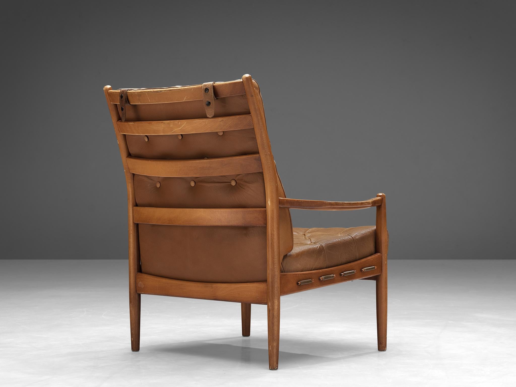 Scandinavian Modern Danish Highback Armchair in Cognac Leatherette