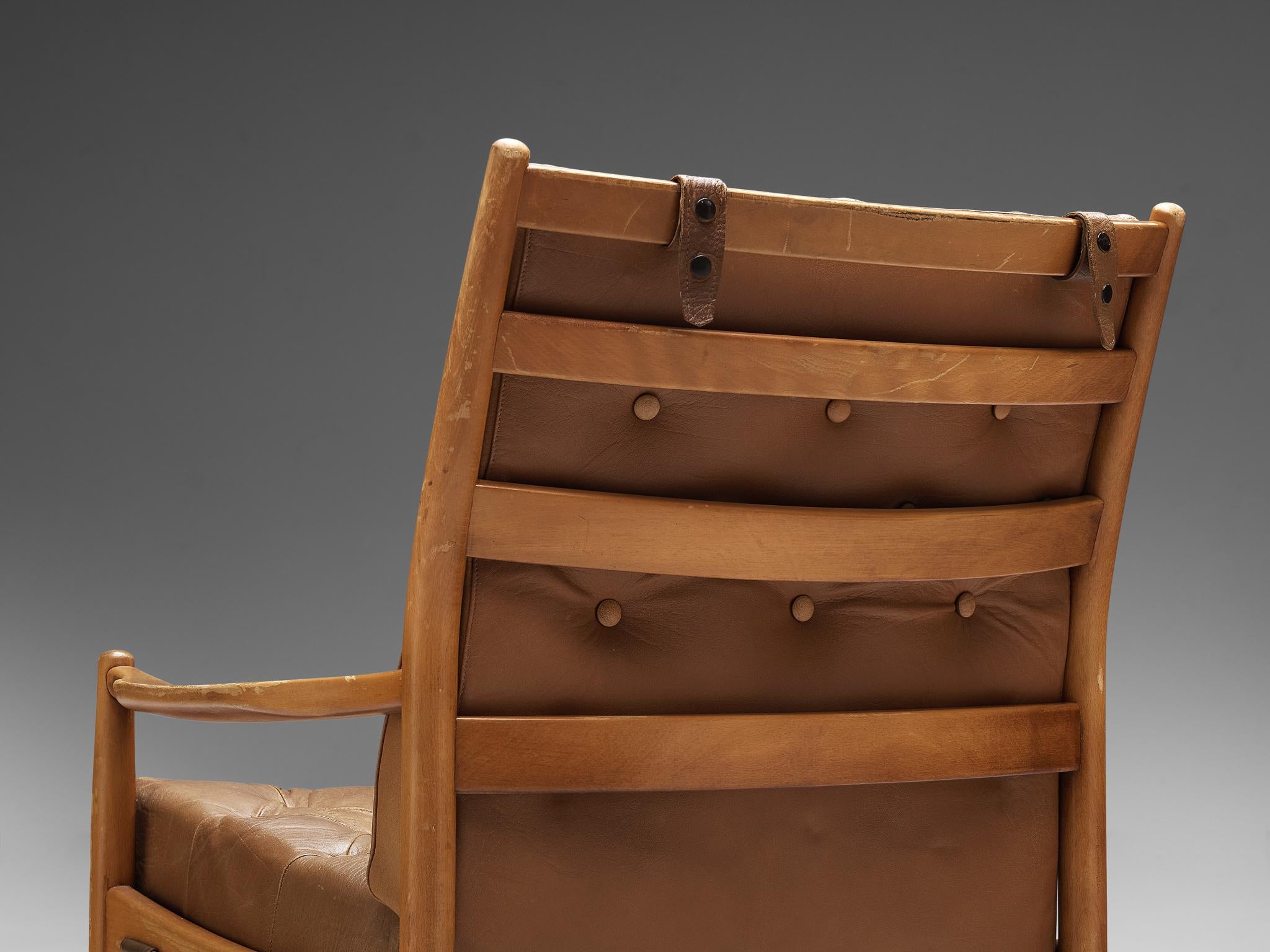 Faux Leather Danish Highback Armchair in Cognac Leatherette