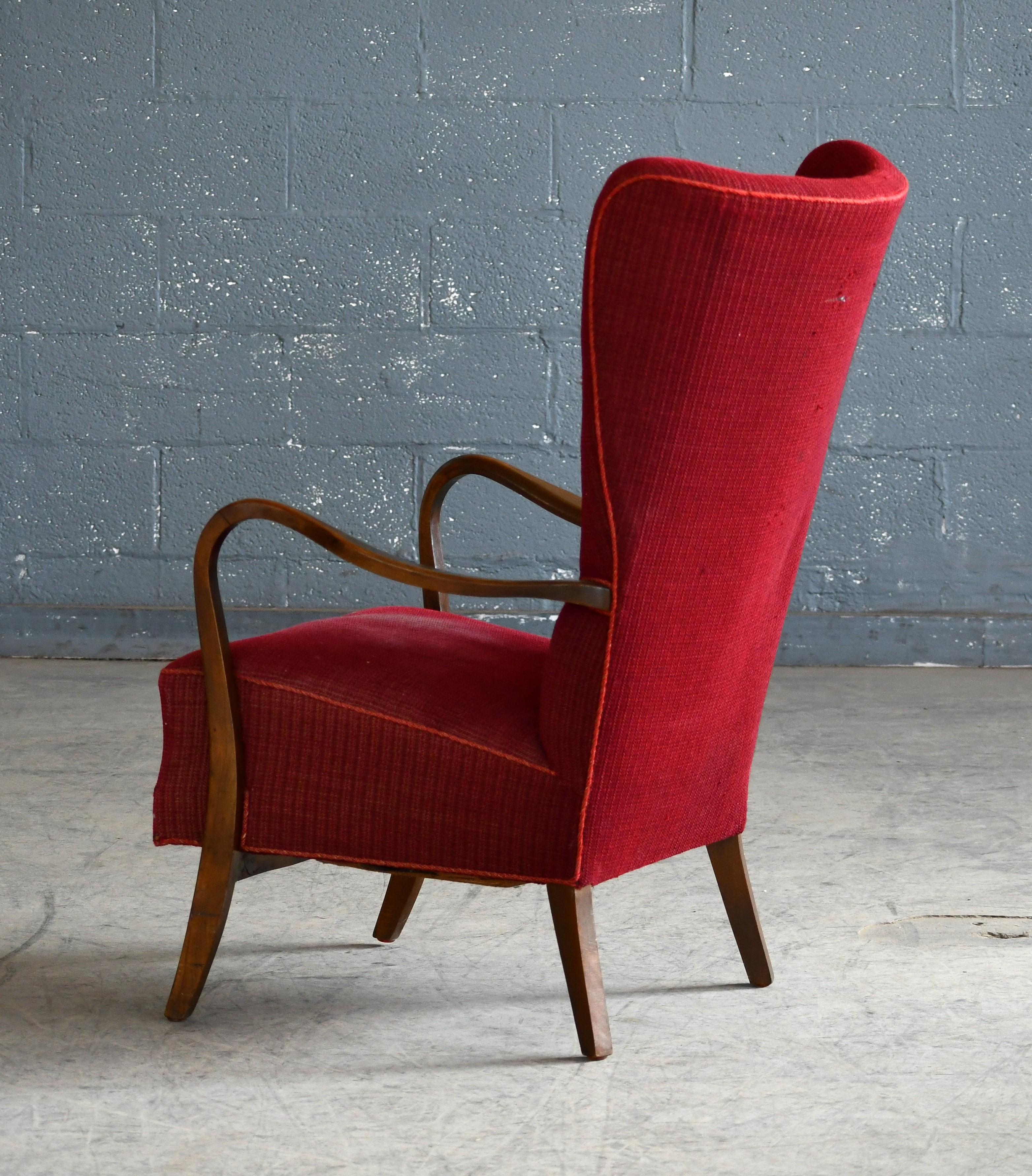 Mid-20th Century Danish Highback Easy Chair with Open Armrests by Alfred Christensen, 1940's For Sale