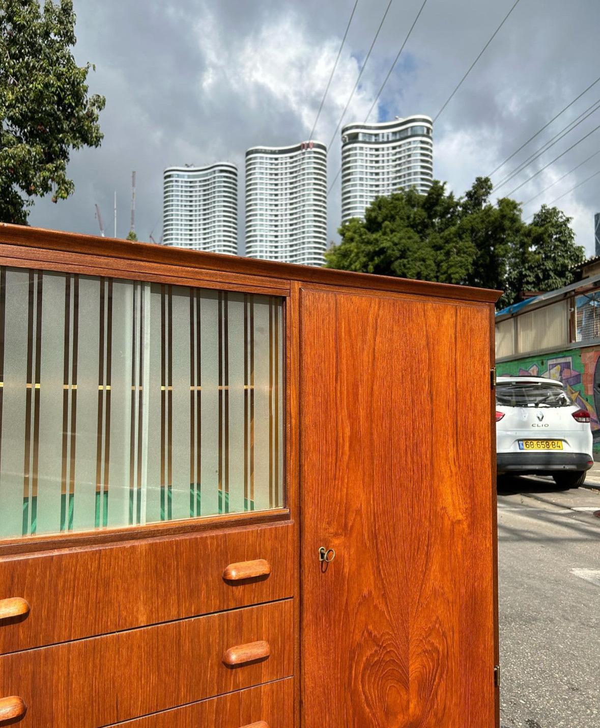 Glass Danish highboard in Teak and Oak, 1960s Denmark For Sale