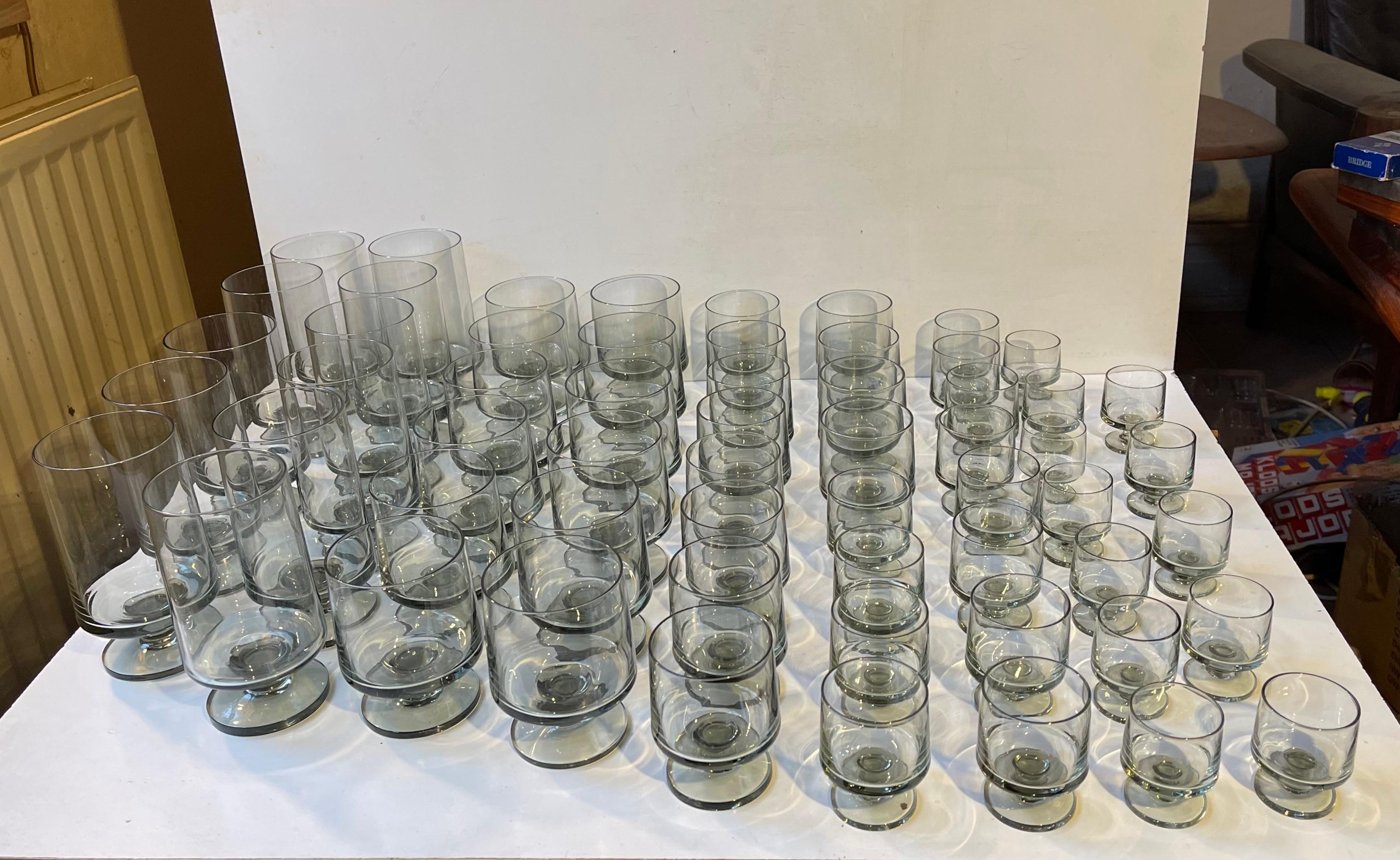 Danish Holmegaard Smoke Grey Drinking Glasses Stub by Meyer & Mørch, Set of 59 In Good Condition For Sale In Esbjerg, DK
