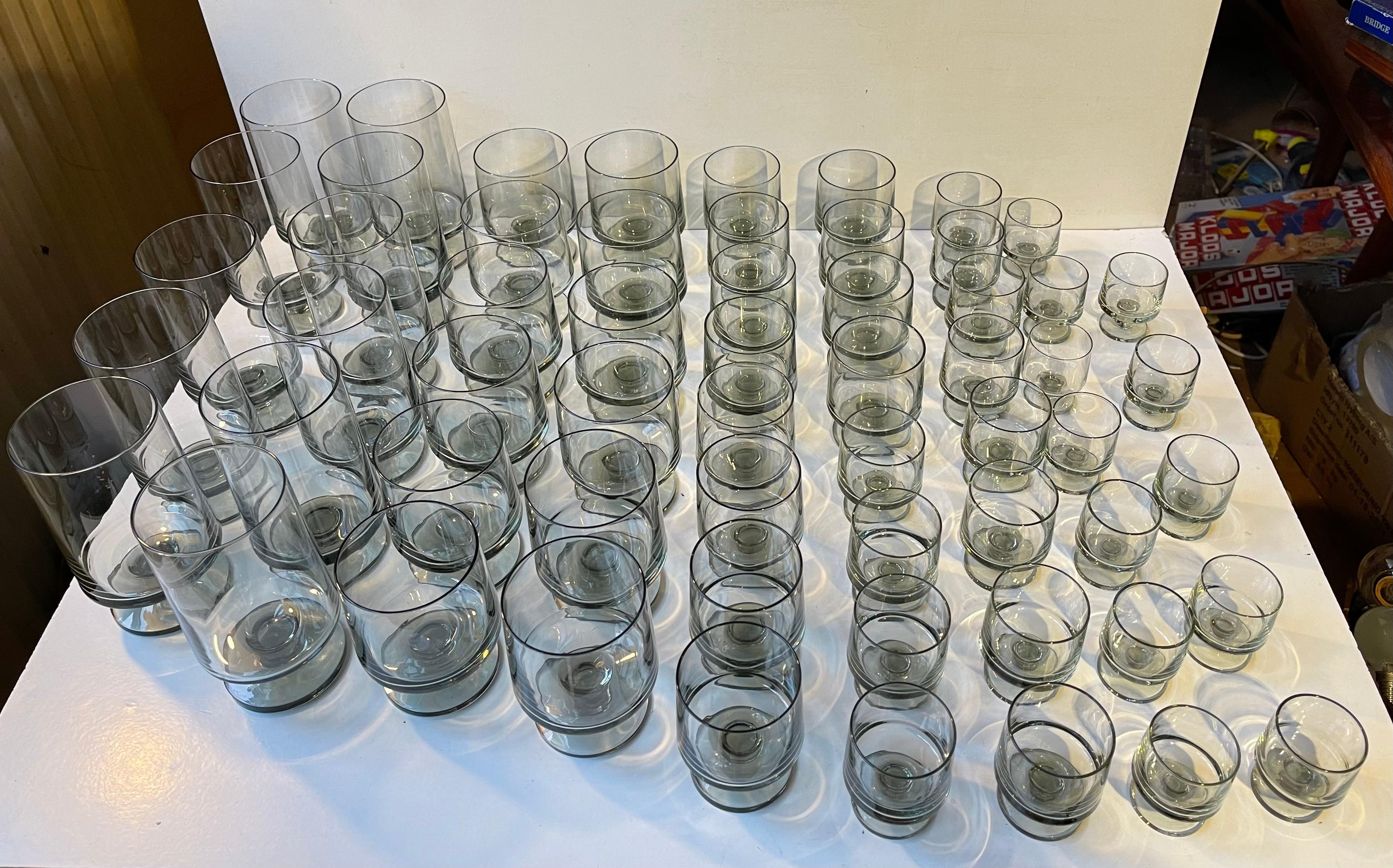 Mid-20th Century Danish Holmegaard Smoke Grey Drinking Glasses Stub by Meyer & Mørch, Set of 59 For Sale