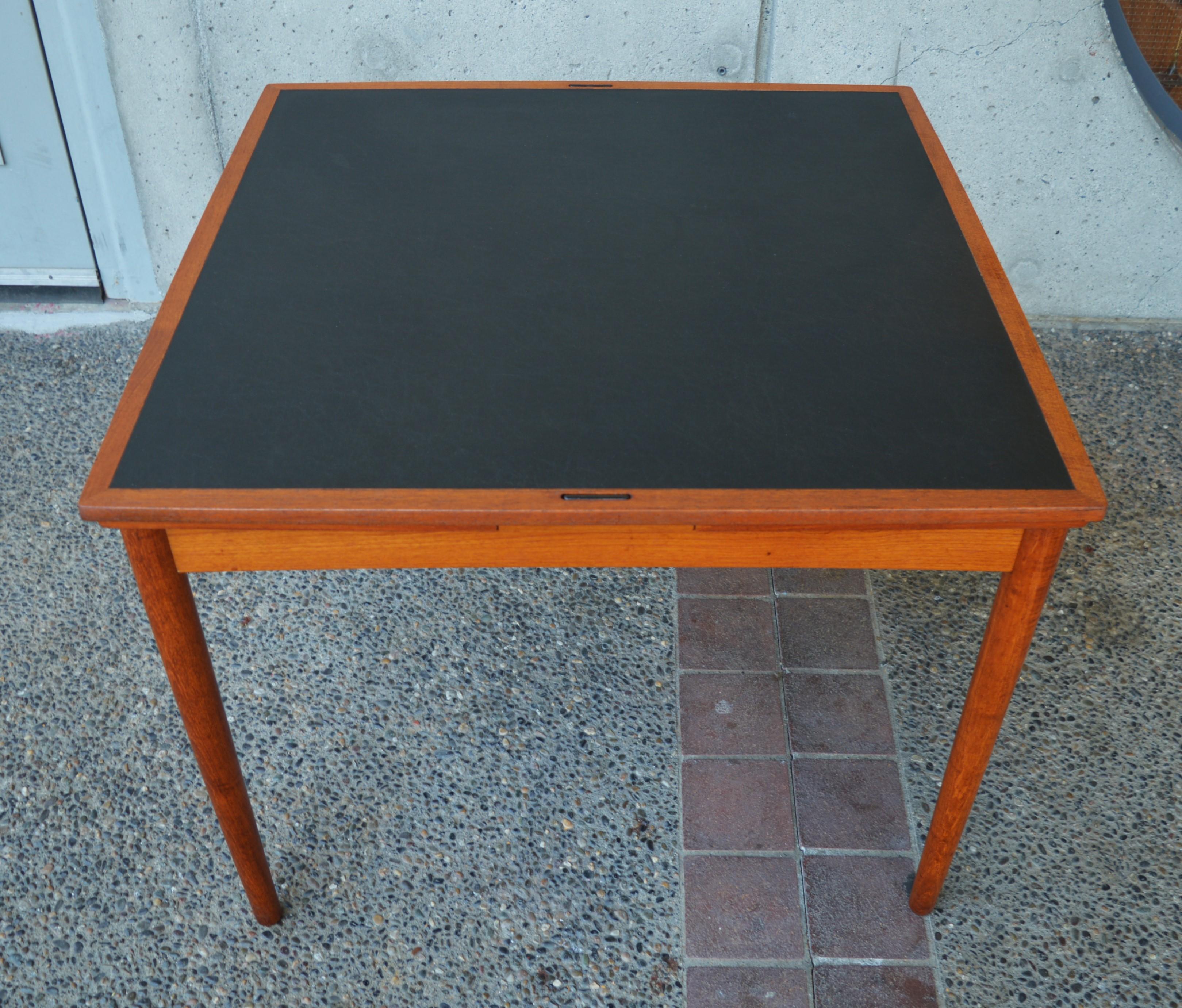 Mid-Century Modern Danish Hundivad & Co. Teak Flip Top Draw Leaf Card Table / Dining Table