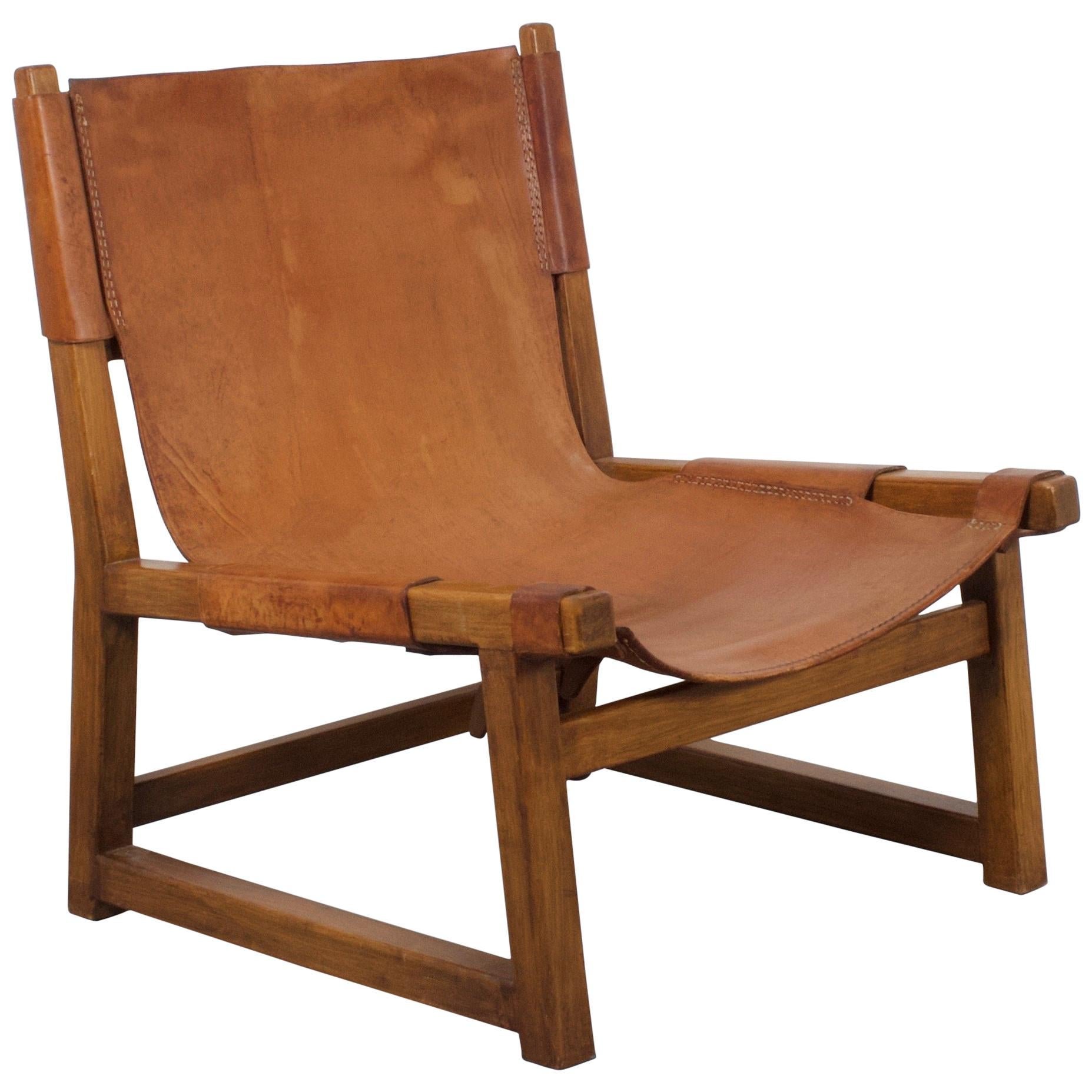 Hunting Chair in Solid Oak and Cognac Leather by Paco Muñoz, 1950s