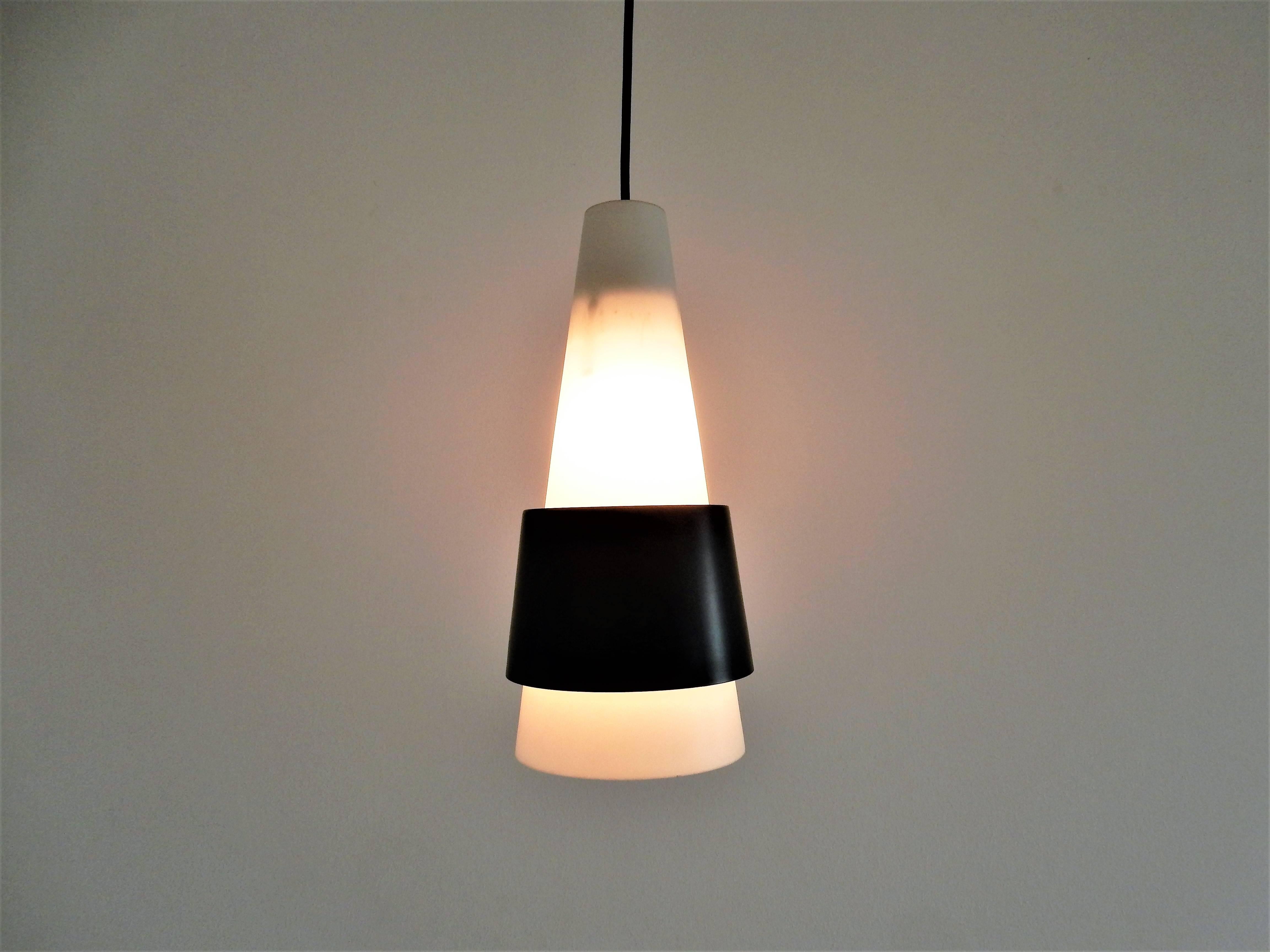 Mid-Century Modern Danish Imported White Opaline Glass Pendant Lamp with Black Metal Ring, 1960s For Sale