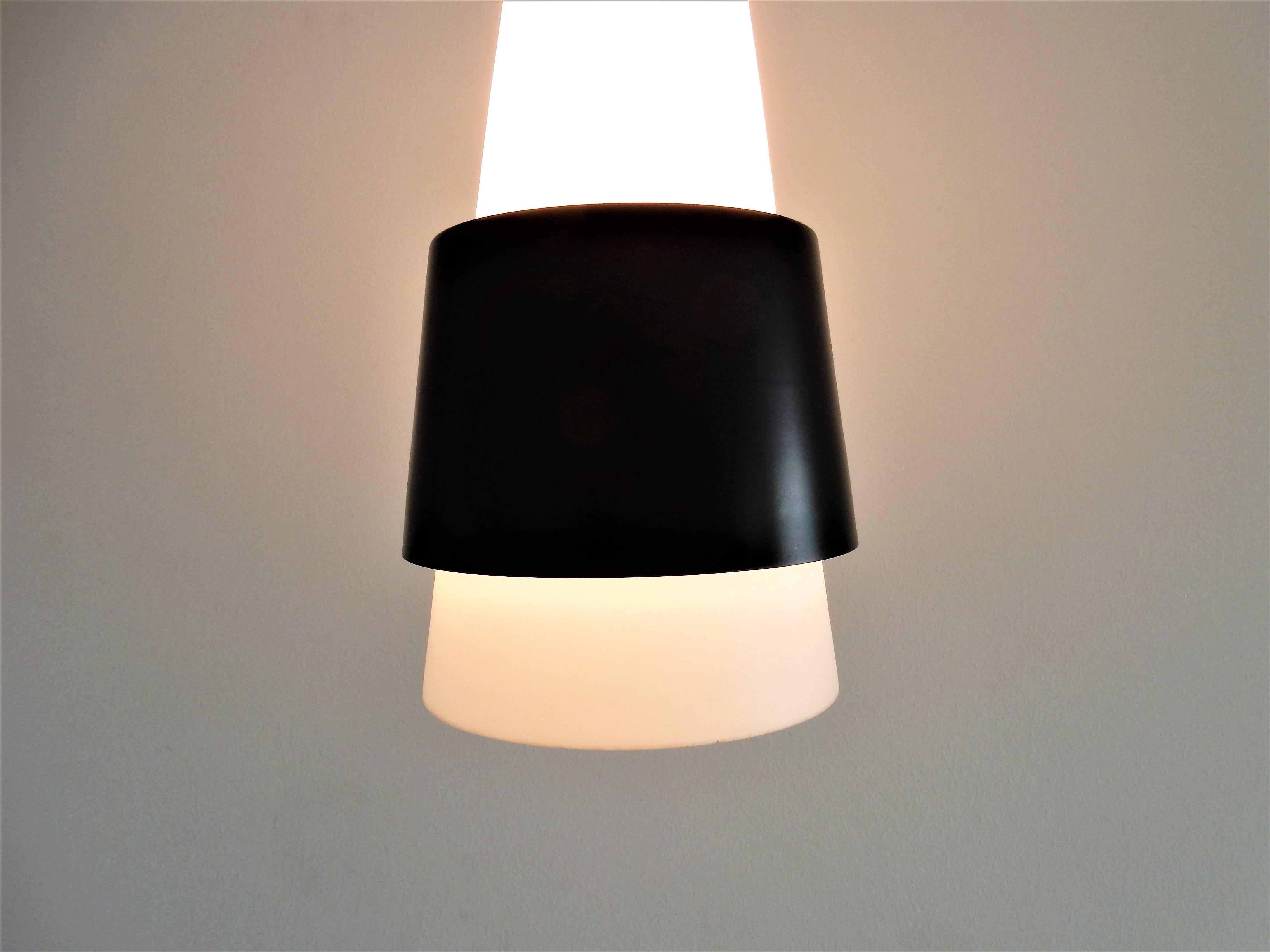 Mid-17th Century Danish Imported White Opaline Glass Pendant Lamp with Black Metal Ring, 1960s For Sale
