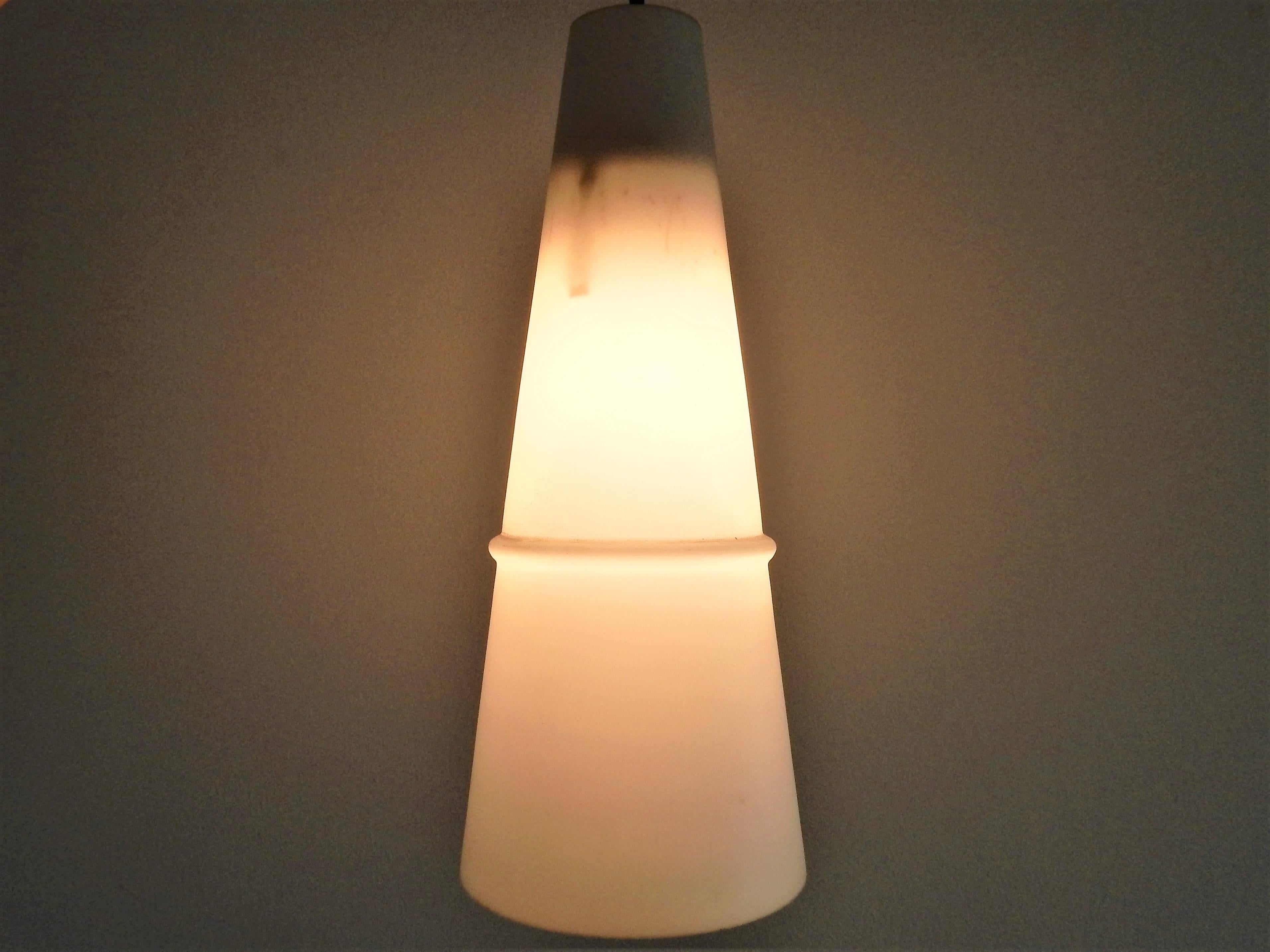 Danish Imported White Opaline Glass Pendant Lamp with Black Metal Ring, 1960s For Sale 1