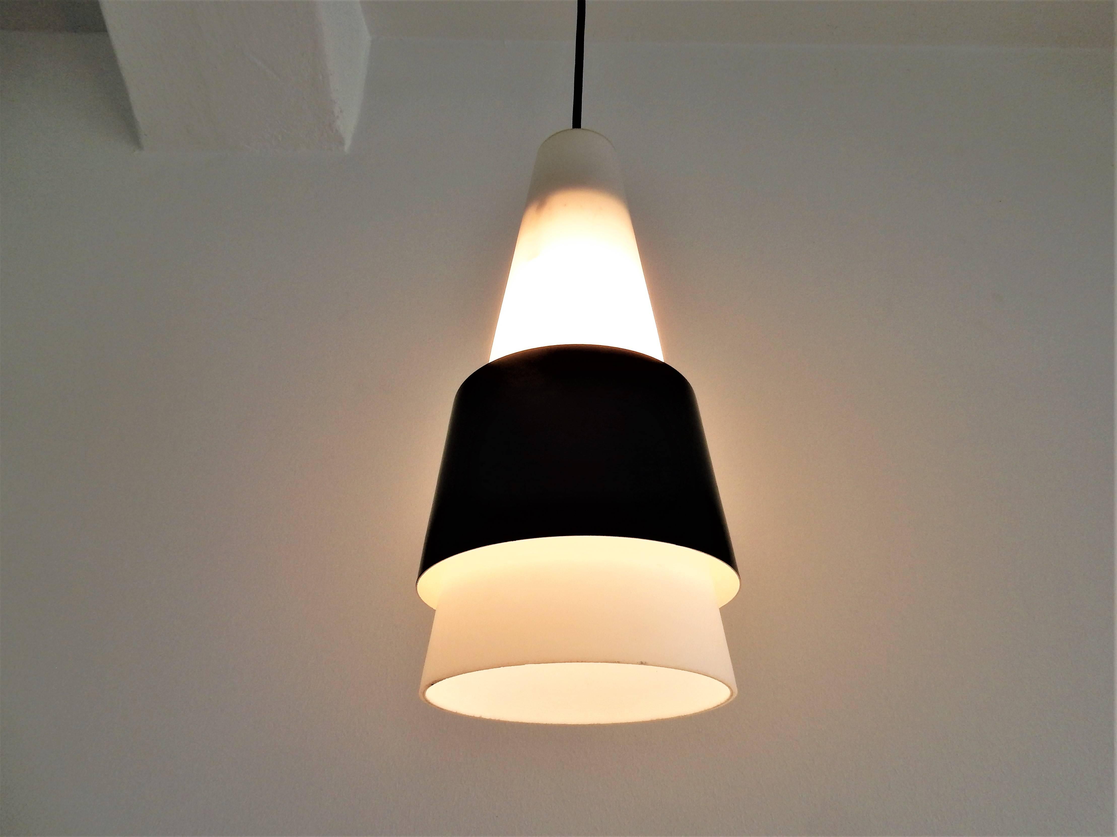 Danish Imported White Opaline Glass Pendant Lamp with Black Metal Ring, 1960s For Sale 2