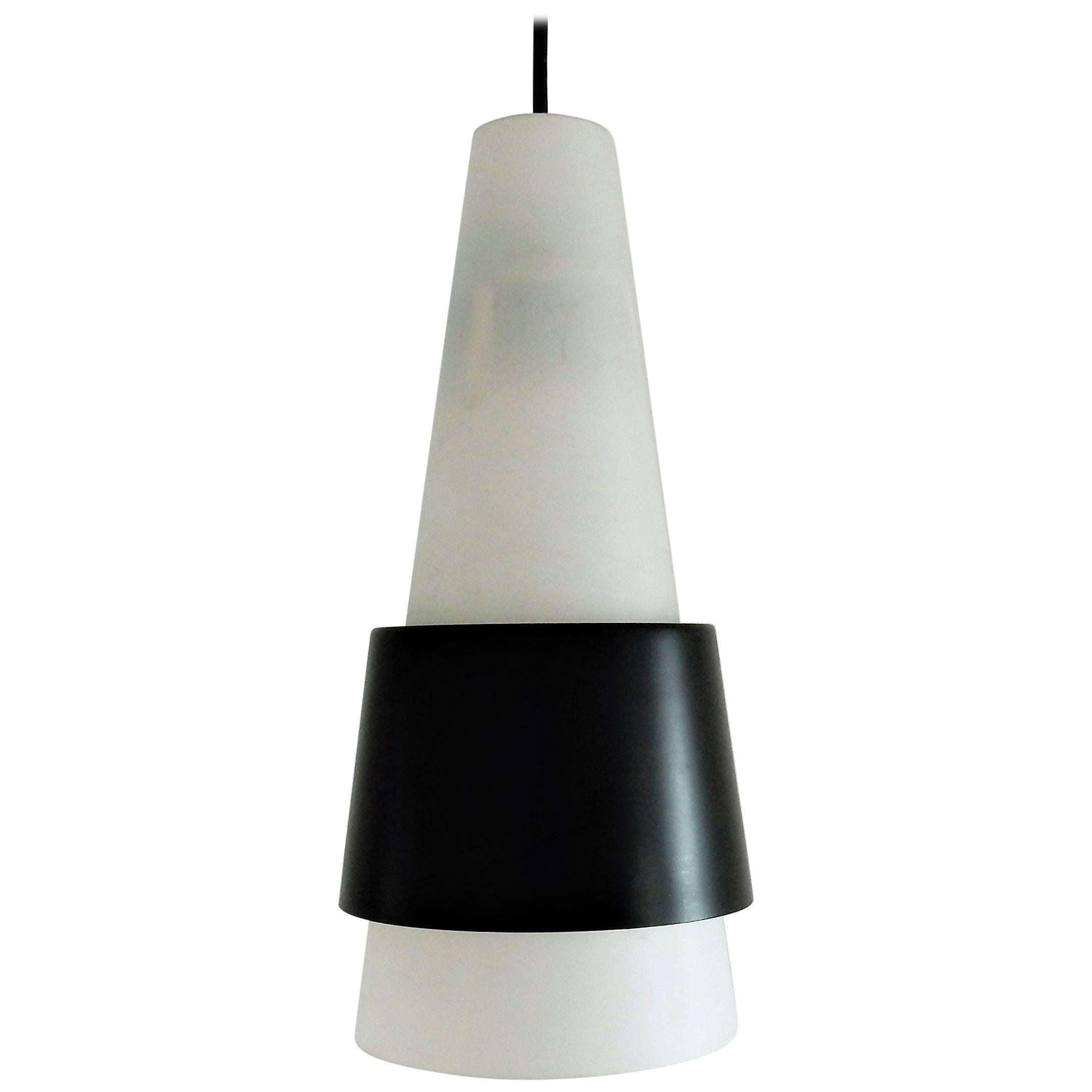 Danish Imported White Opaline Glass Pendant Lamp with Black Metal Ring, 1960s For Sale