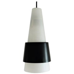 Danish Imported White Opaline Glass Pendant Lamp with Black Metal Ring, 1960s