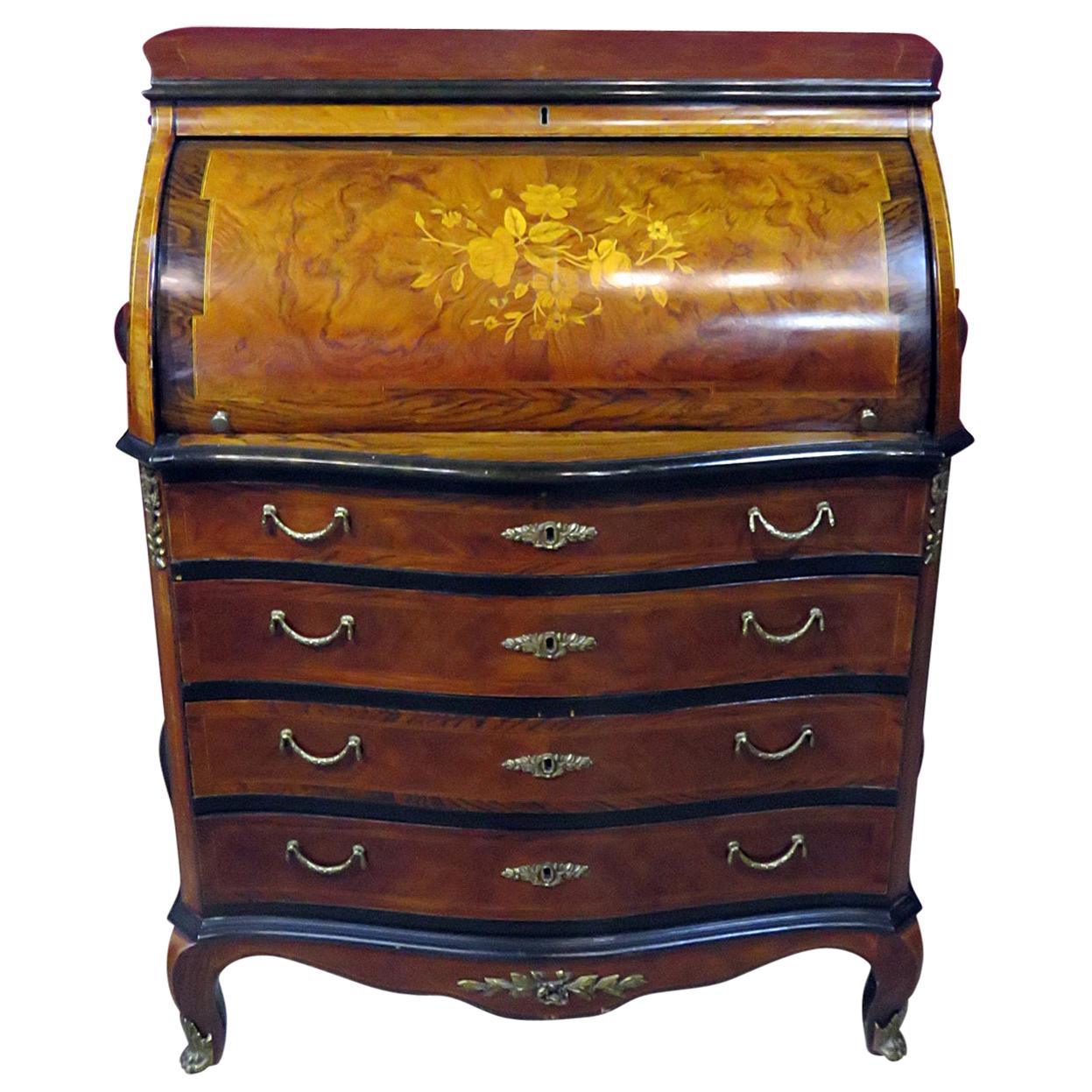 Inlaid Circassian Walnut Mixed Woods French Louis XV Cylinder Desk