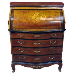 Inlaid Circassian Walnut Mixed Woods French Louis XV Cylinder Desk