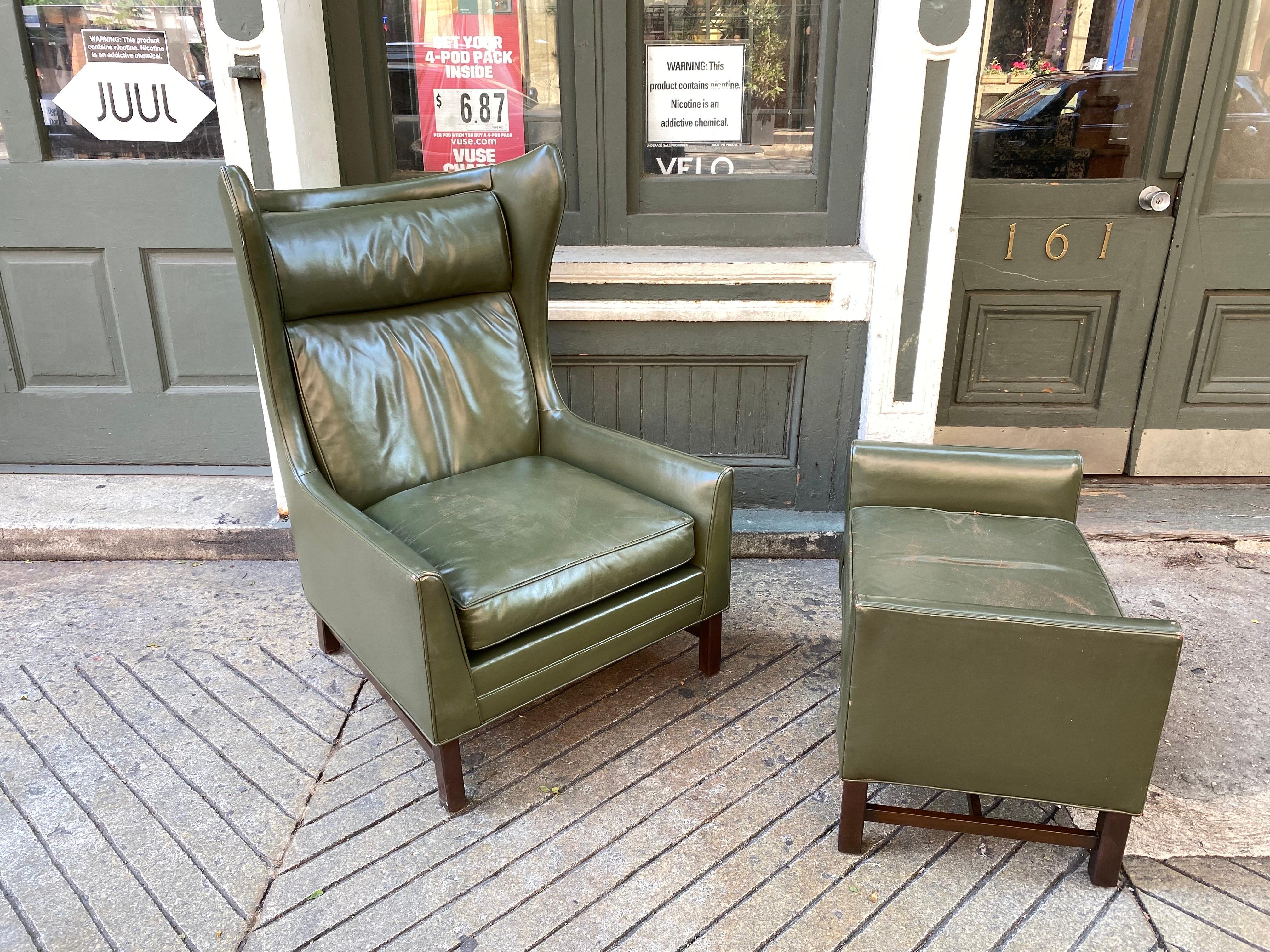 Scandinavian Modern Danish Inspired Leather Chair and Ottoman