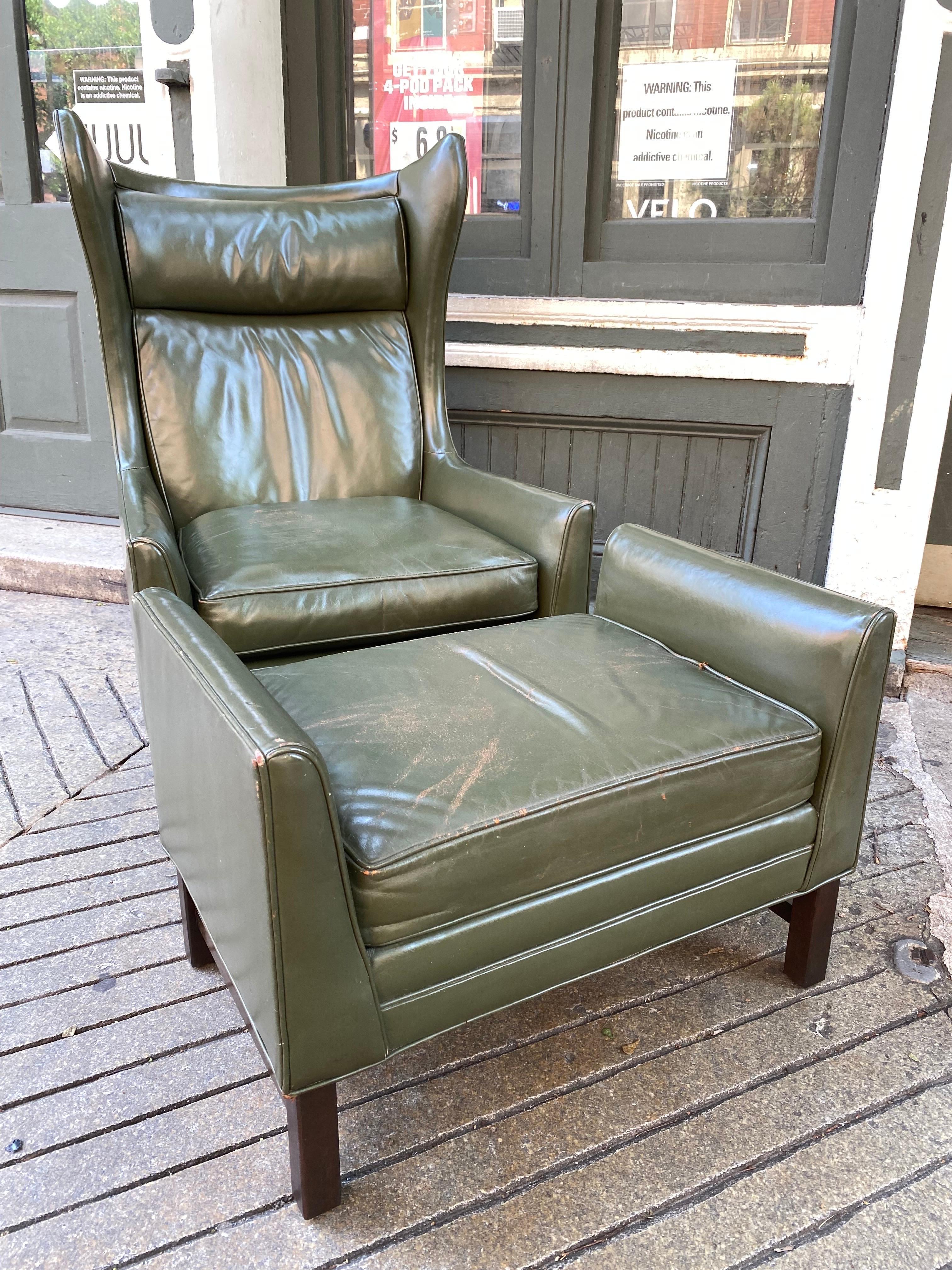 Danish Inspired Leather Chair and Ottoman In Good Condition In Philadelphia, PA