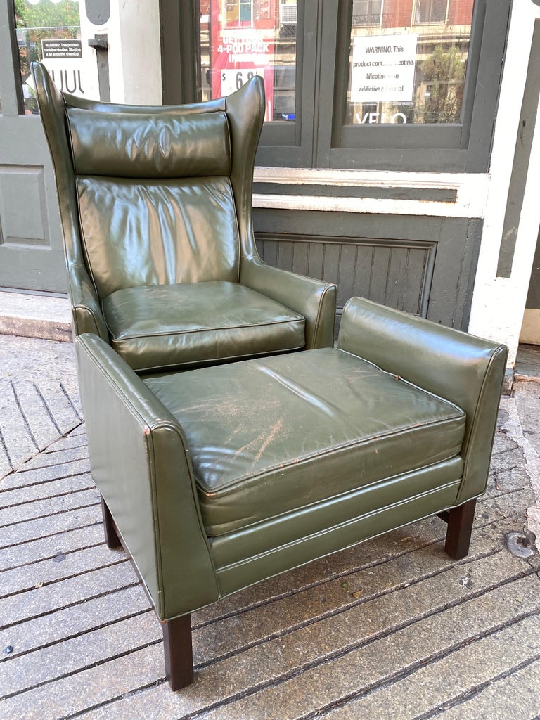 Danish Inspired Leather Chair and Ottoman In Good Condition For Sale In Philadelphia, PA