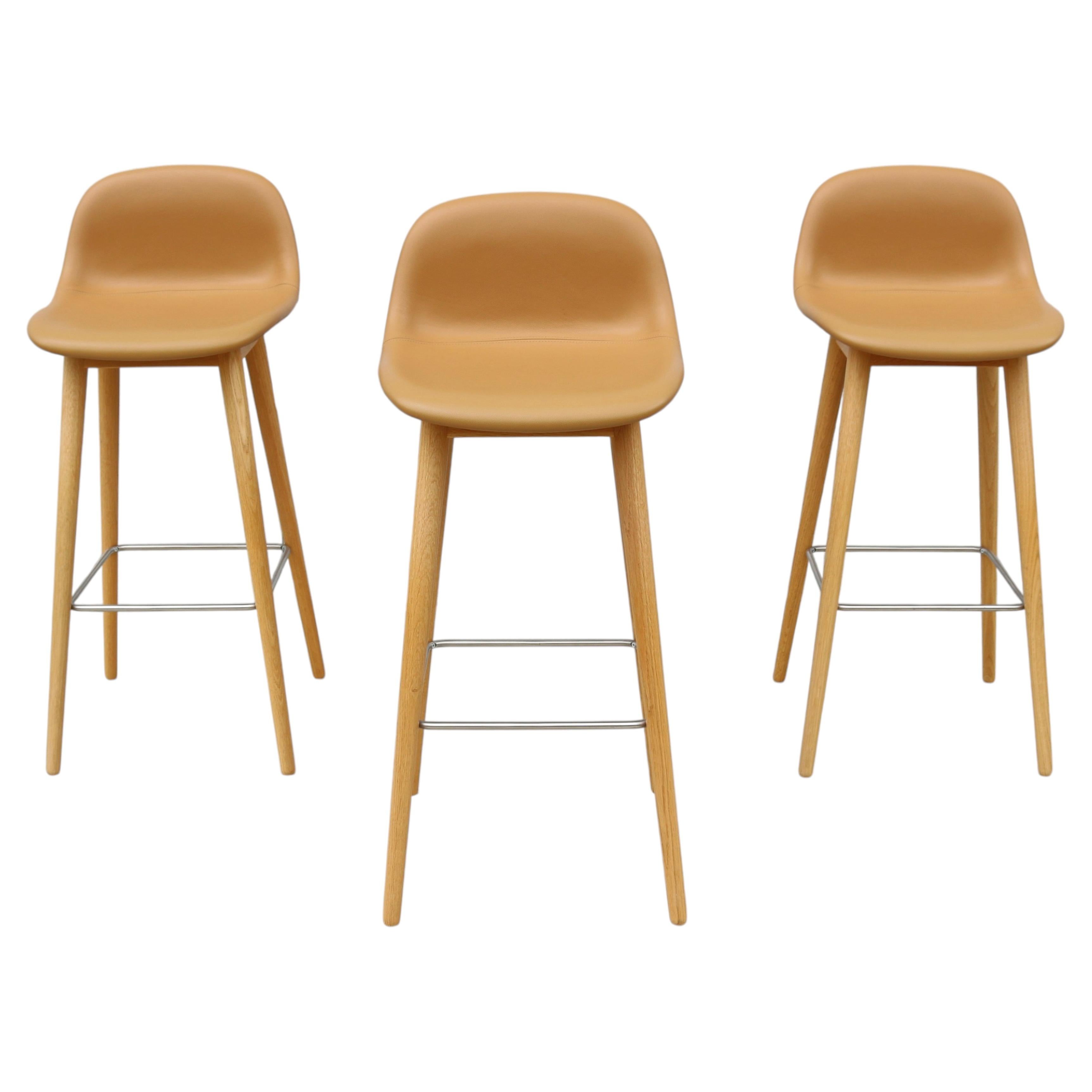 Danish Iskos-Berlin for Muuto Brown Leather Fiber Bar Stools Oak Base - Set of 3