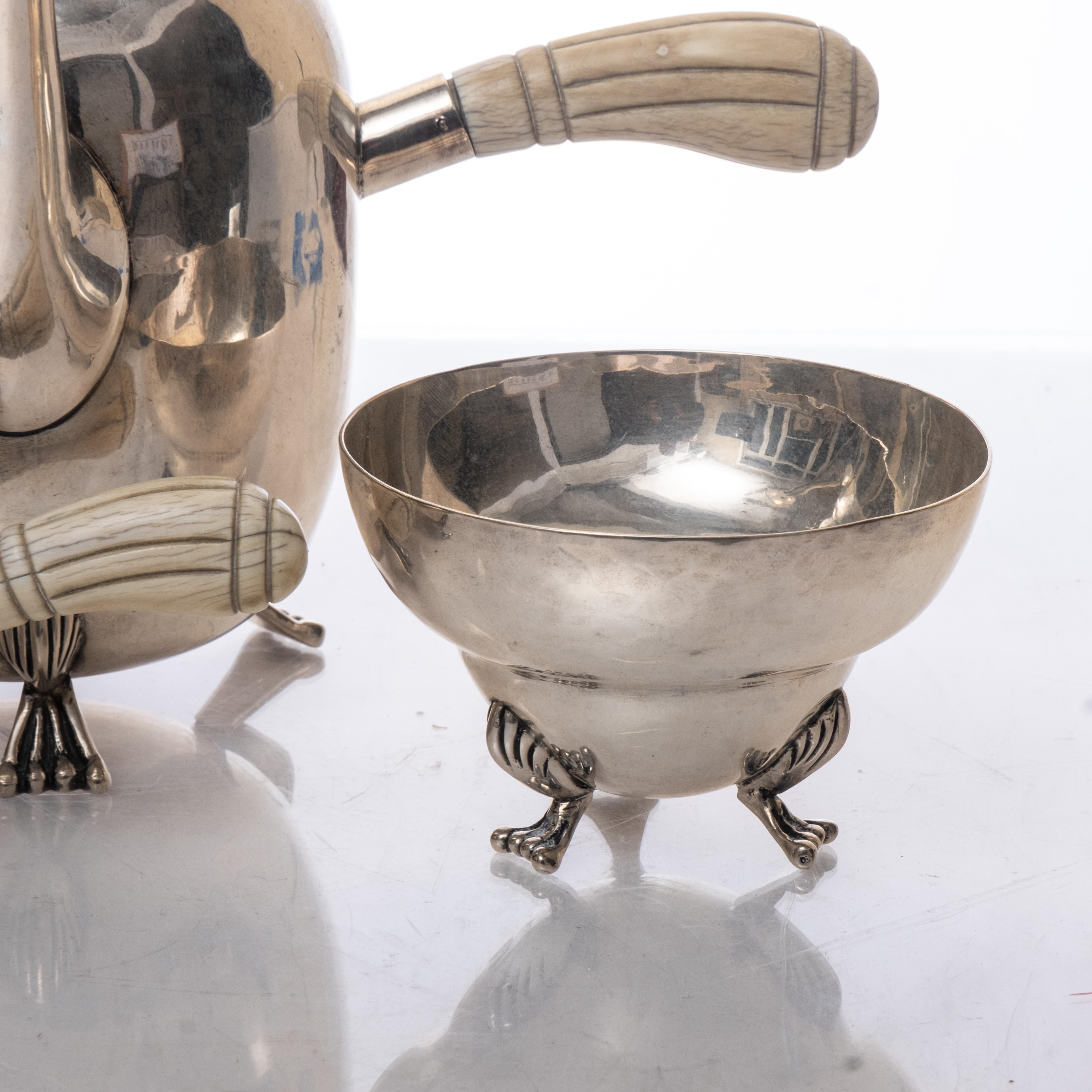 19th Century Danish Jensen Style Handmade Sterling Silver Tea Set with Bone Handles For Sale