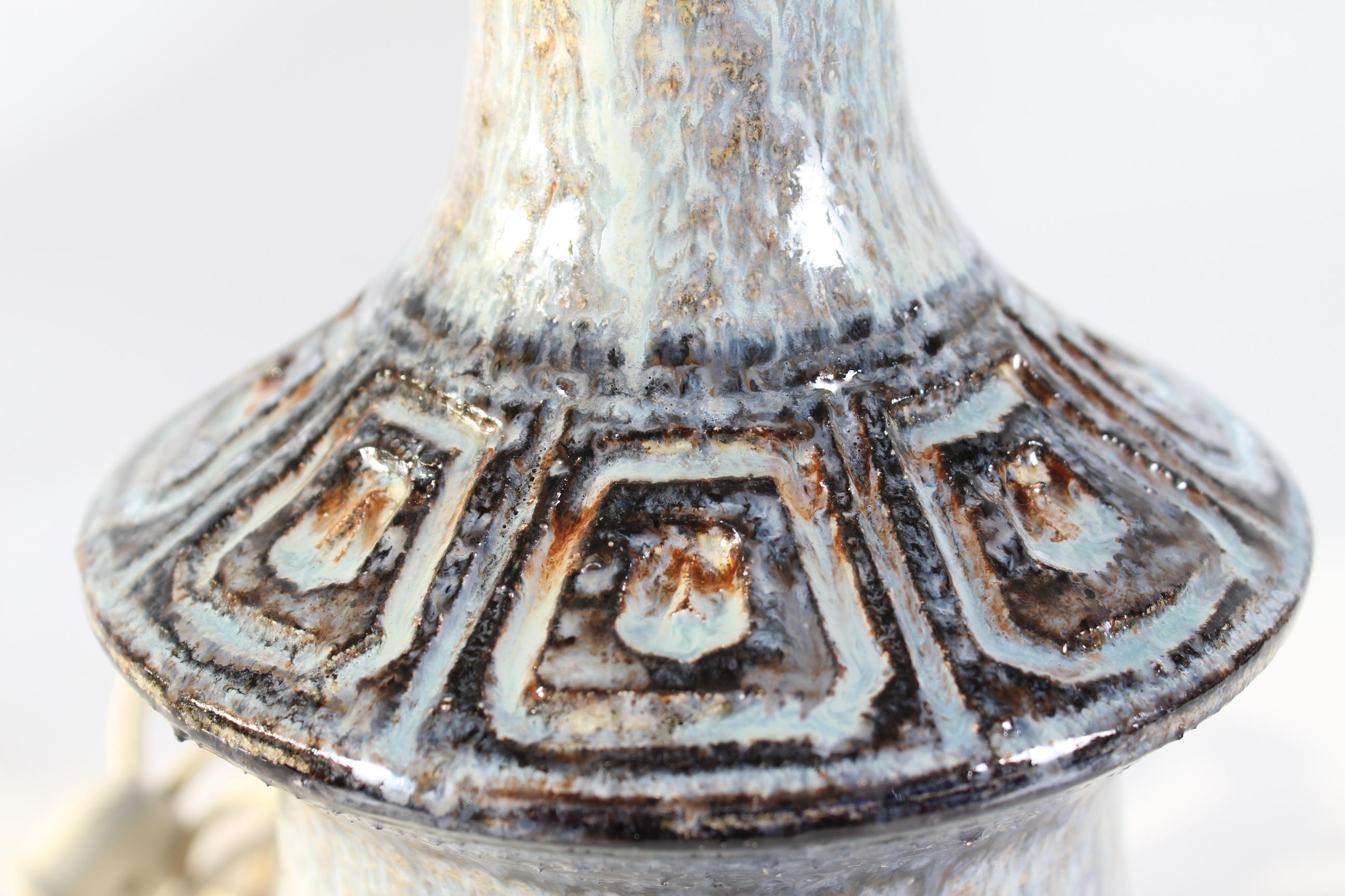 Scandinavian Modern Danish Jette Hellerøe Table Lamp by Axella with Blue + Purple + Gray Glaze 1970s For Sale