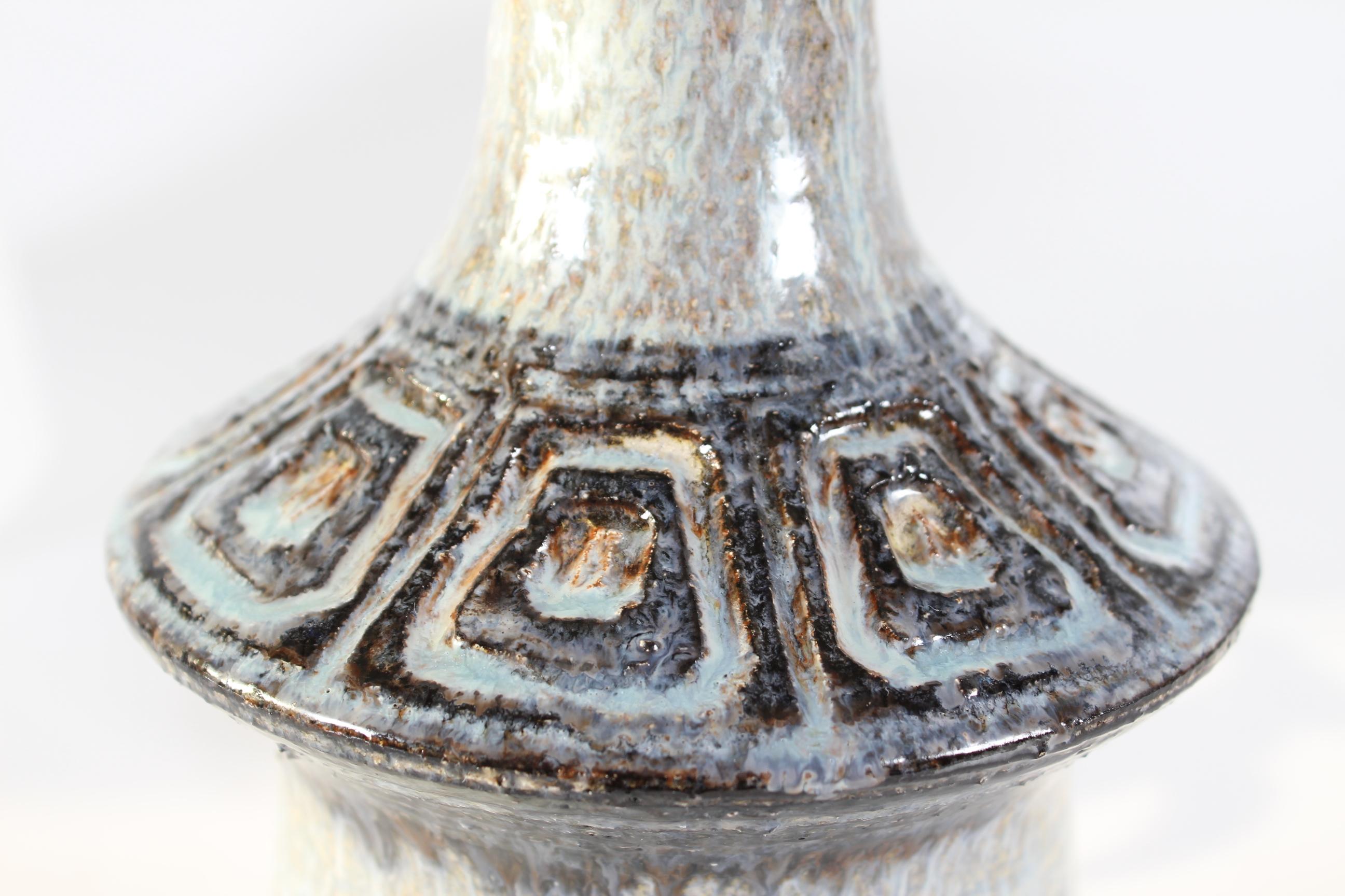 Glazed Danish Jette Hellerøe Table Lamp by Axella with Blue + Purple + Gray Glaze 1970s For Sale