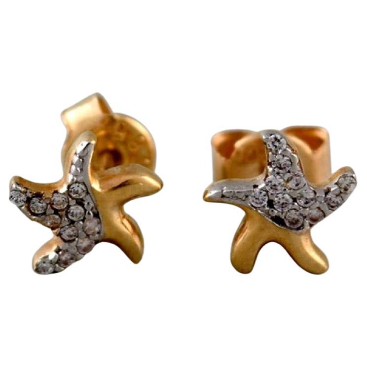 Danish Jeweler, a Pair of Ear Studs in 14 Carat Gold Adorned with Diamonds For Sale