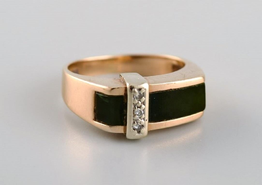 Oval Cut Danish Jeweler, Ring in 14 Carat Gold with Green Tourmaline and Three Diamonds