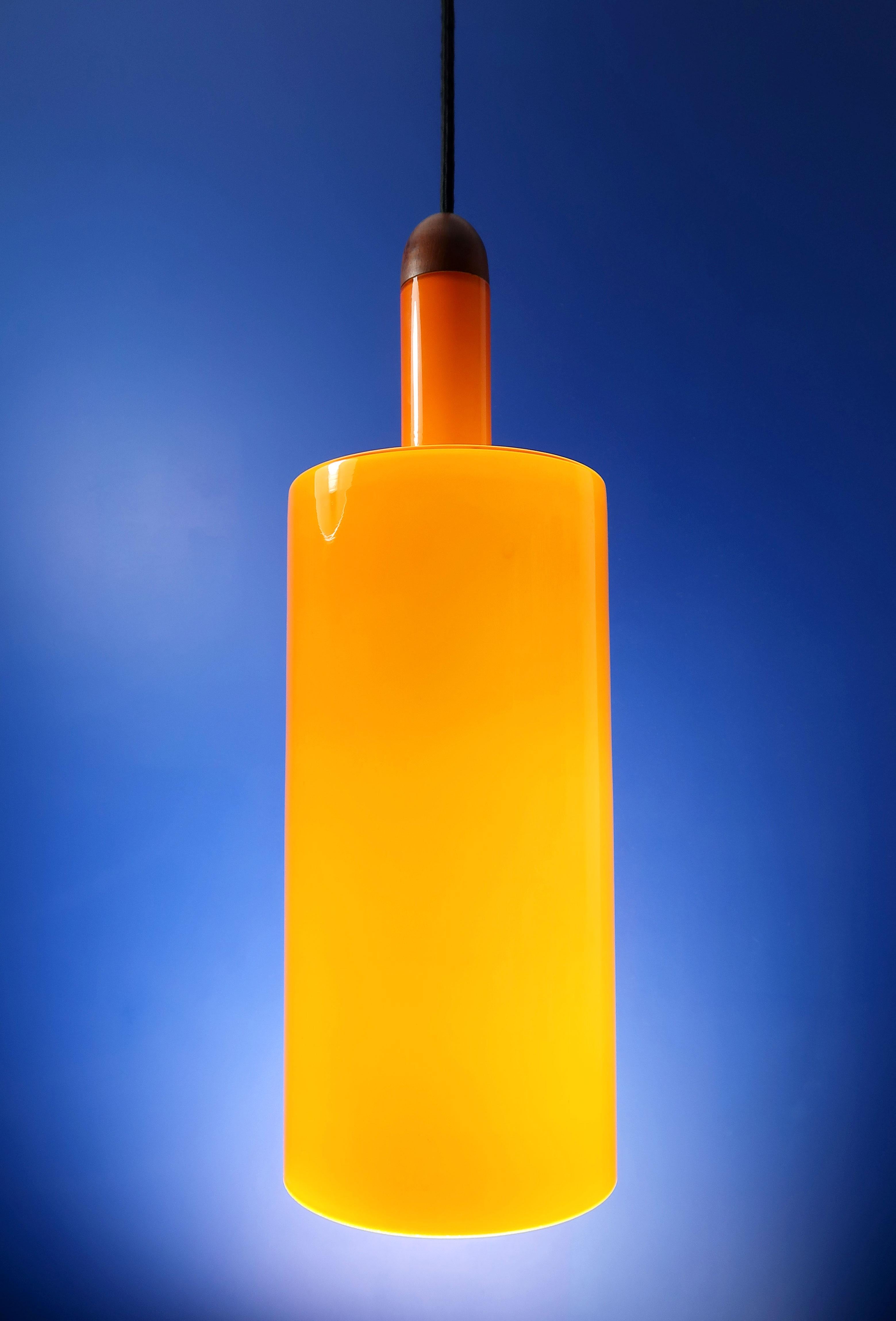 Danish Jo Hammerborg Orange Glass Teak Pisa Pendant for Fog & Mørup, 1963 For Sale 1