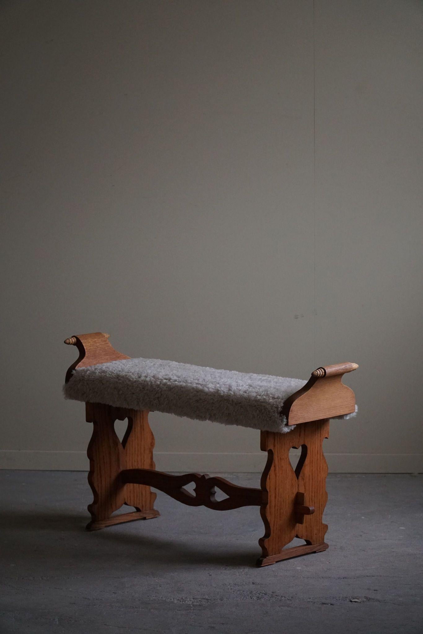 Danish Jugendstil, Art Nouveau Stool / Piano Bench in Oak & Lambswool, 1900s 5