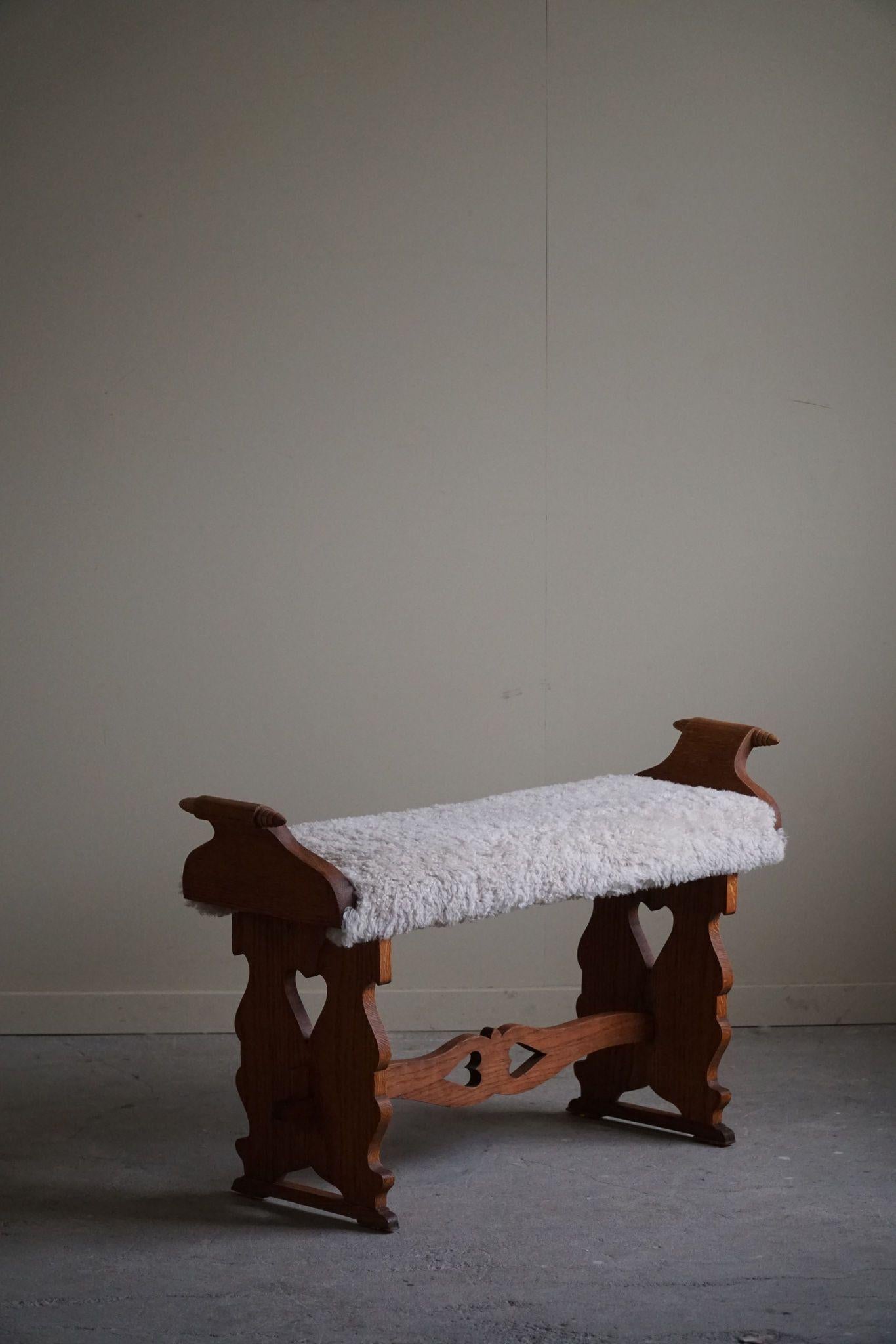 Danish Jugendstil, Art Nouveau Stool / Piano Bench in Oak & Lambswool, 1900s 6