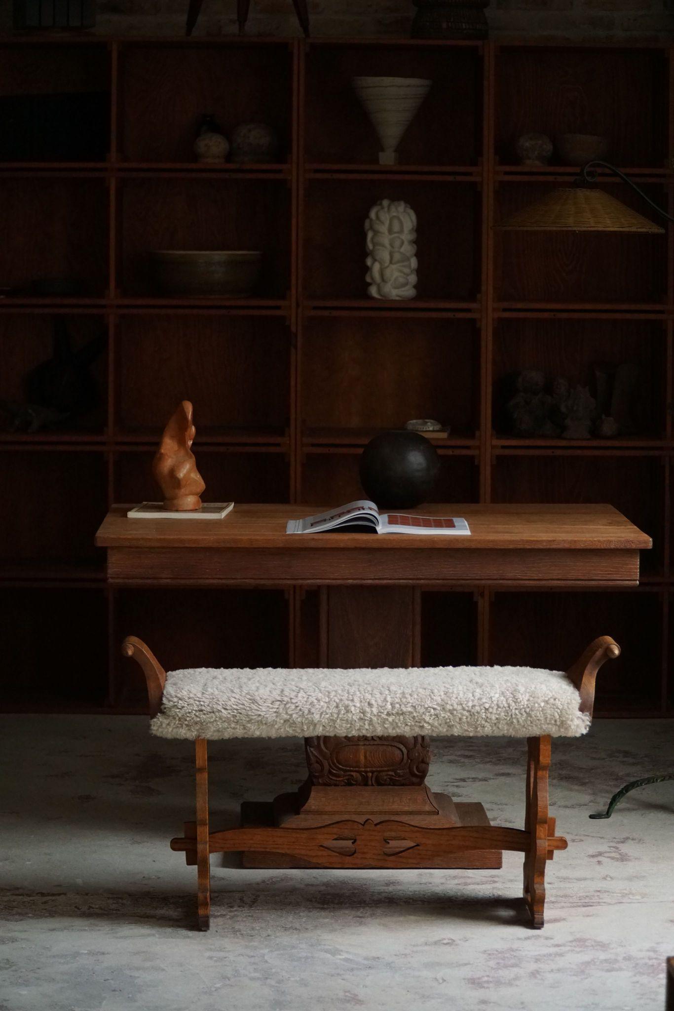 Danish Jugendstil, Art Nouveau Stool / Piano Bench in Oak & Lambswool, 1900s 1