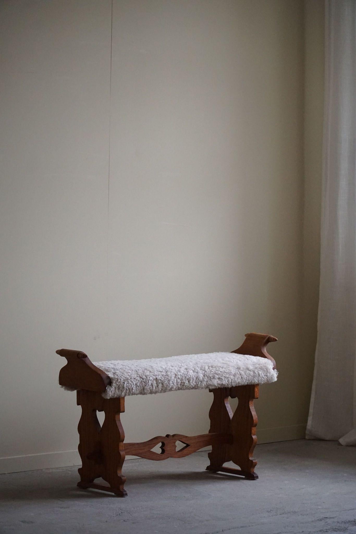 Danish Jugendstil, Art Nouveau Stool / Piano Bench in Oak & Lambswool, 1900s 3